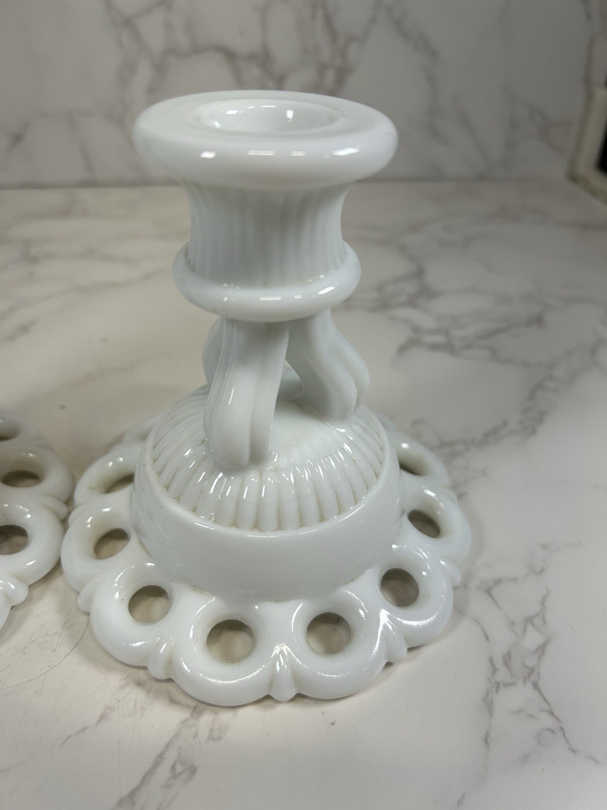 Vintage Pair Milk Glass Lace Candlestick Holders
