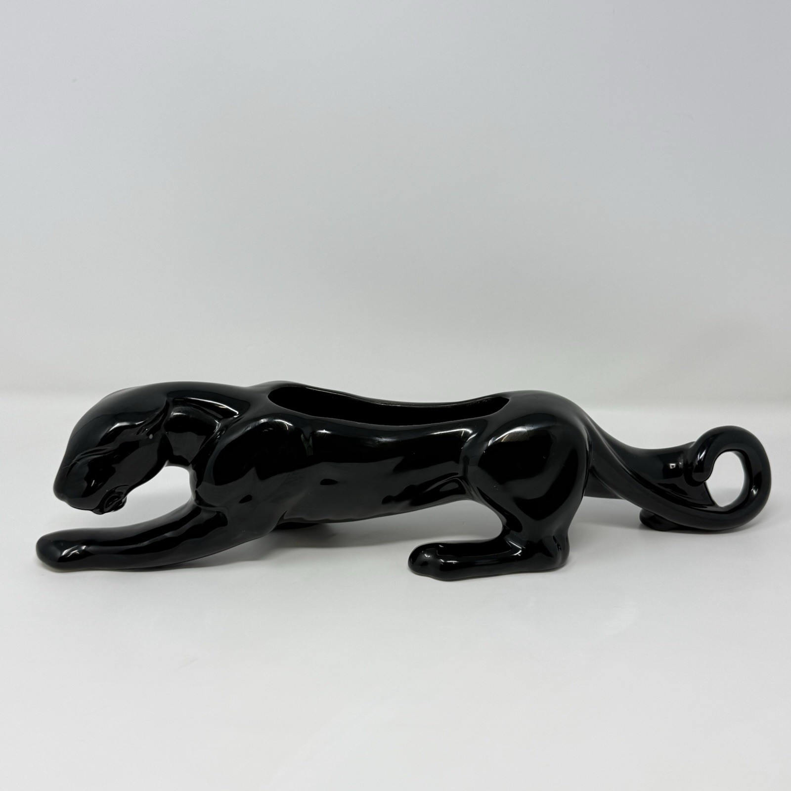 Black Panther Ceramic Planter 15 Inch MCM Crouching Cat Figurine