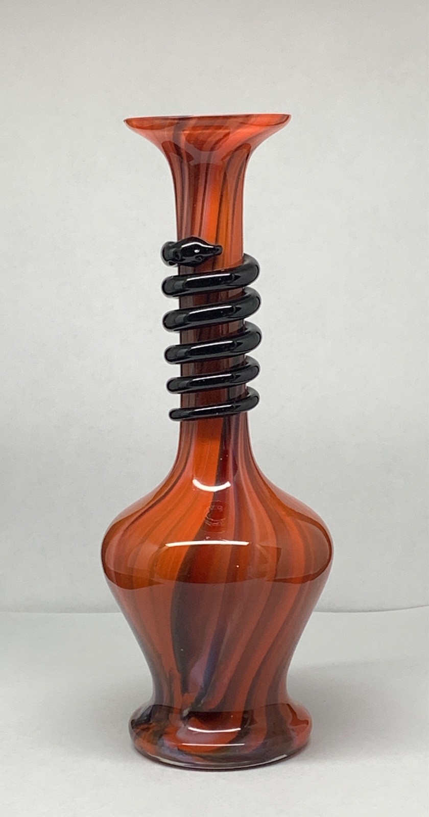 Bavarian Art Glass Vase Orange Swirl with Applied Black Snake Tango Style