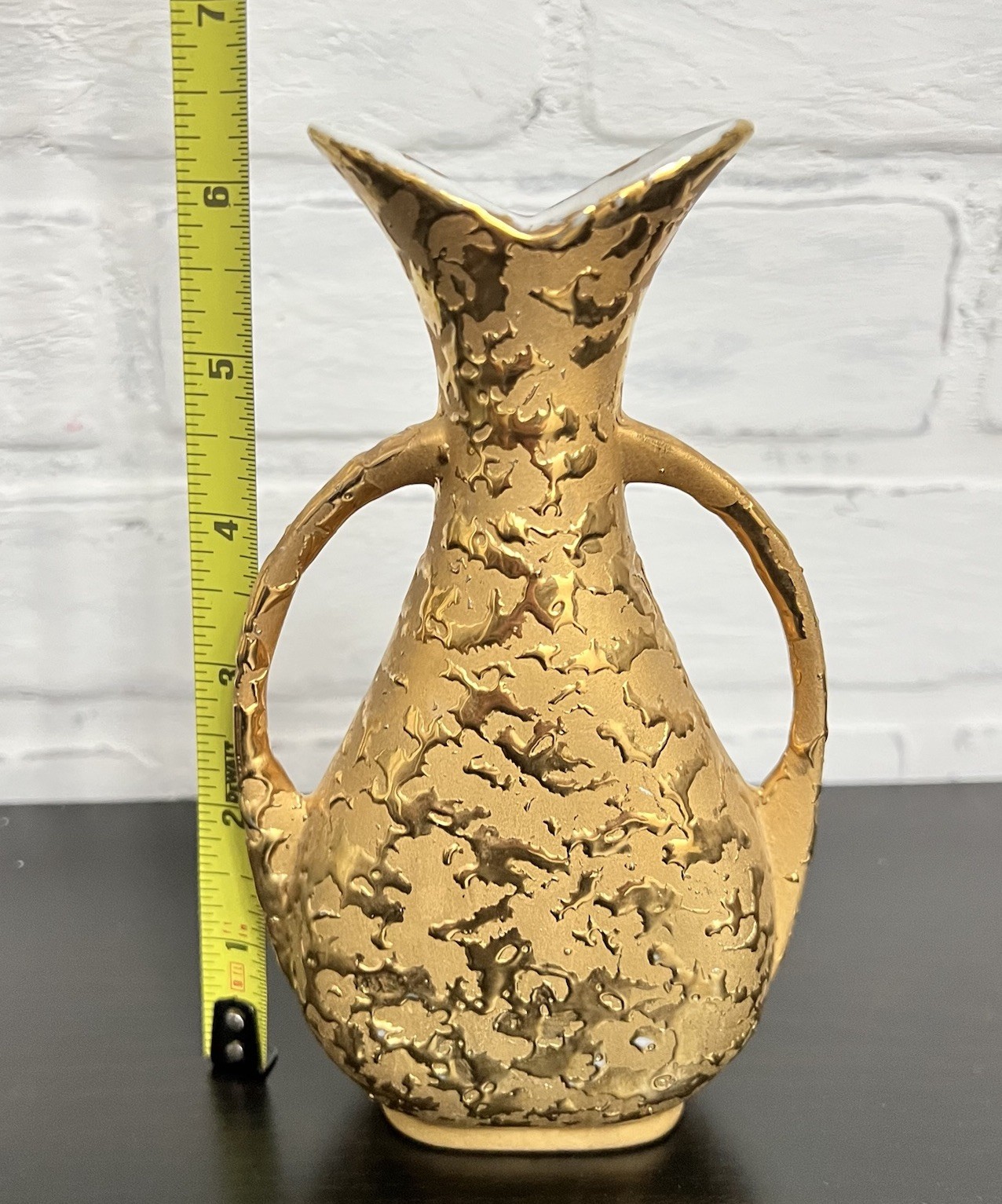 Vintage Gold Lava Glaze Vase Double Handle MCM Sculptural 6.25”