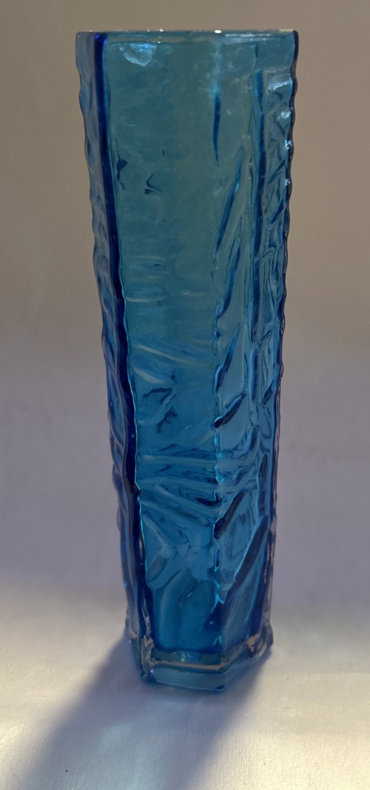 Mid Century Blue Hand Blown Vase Art Glass 6 Sided Wavy Texture MCM 7” Tall
