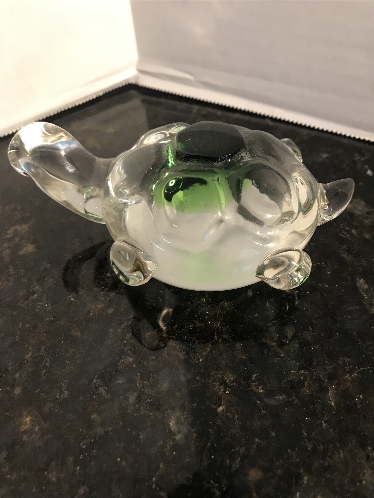 Glass Sea Turtle Paper Weight 5”Inches long 3 1/2” Wide Clear & green Body Good