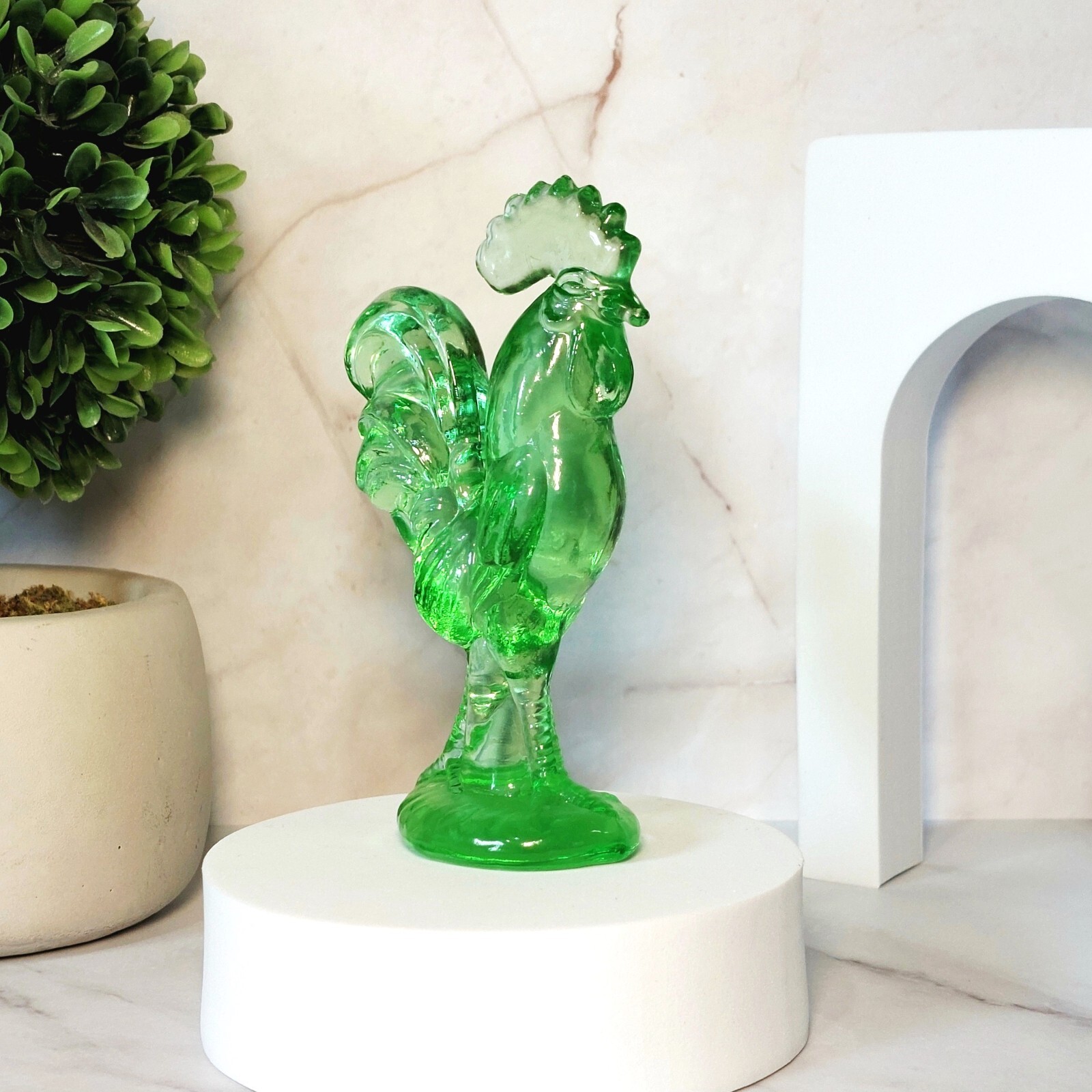 Green Depression Style Glass Rooster Chicken Figurine, Farmhouse, Hen, VTG Style