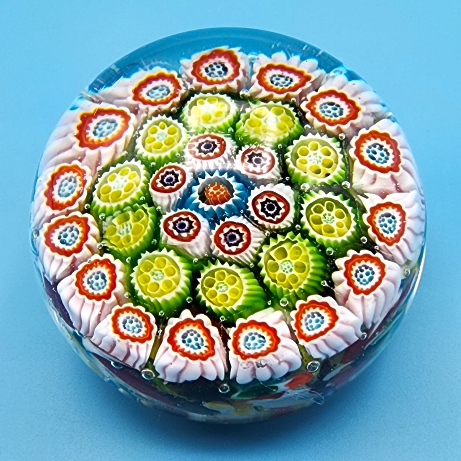Vintage Millefiori Star Flowers Art Glass Paperweight Murano ? Polished Bottom C