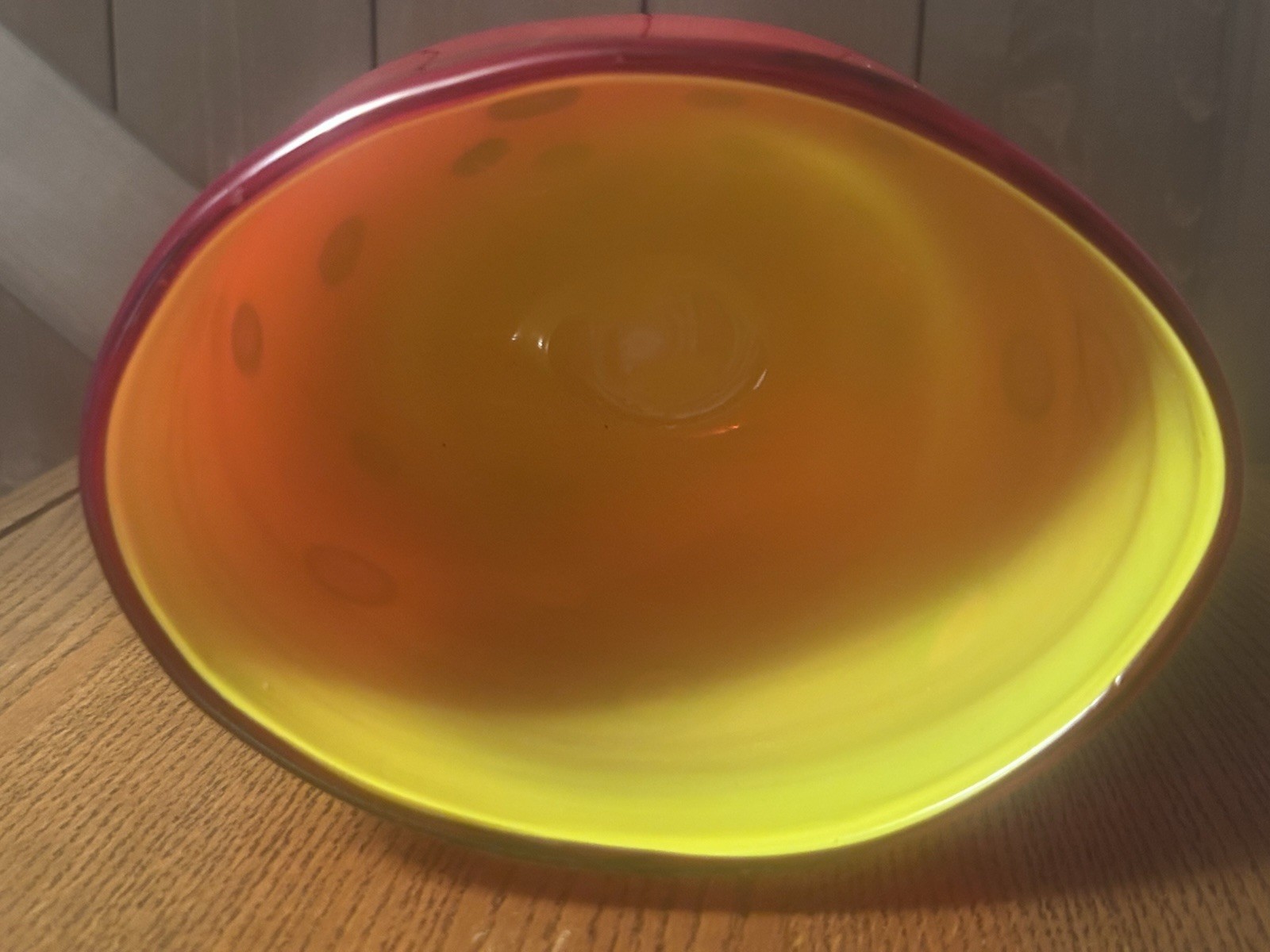Red Murano Vase With Black And Yellow Spot Design And Yellow Interior