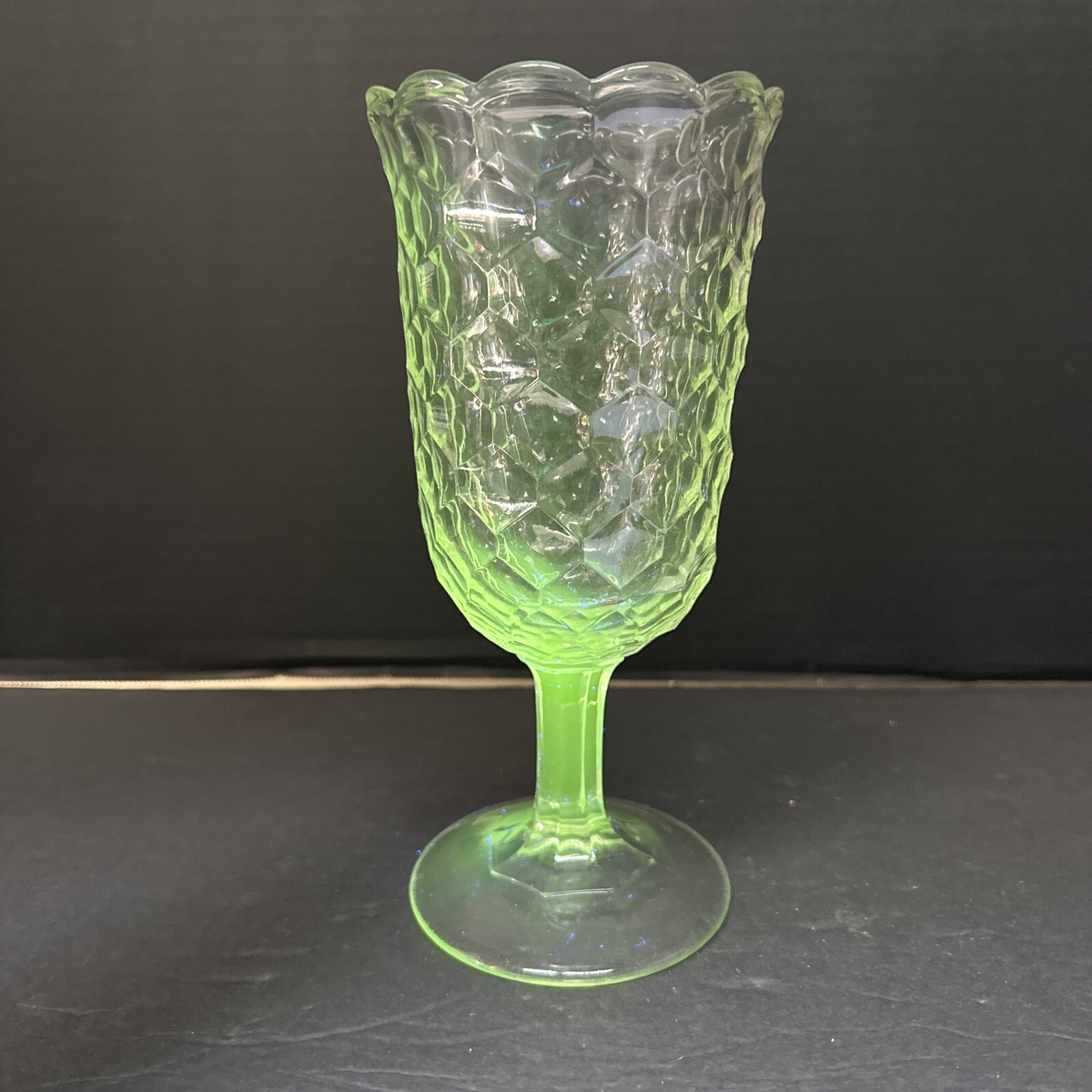 EAPG Victorian Honeycomb Clear Manganese Glow Celery Vase 8.5” With Defect