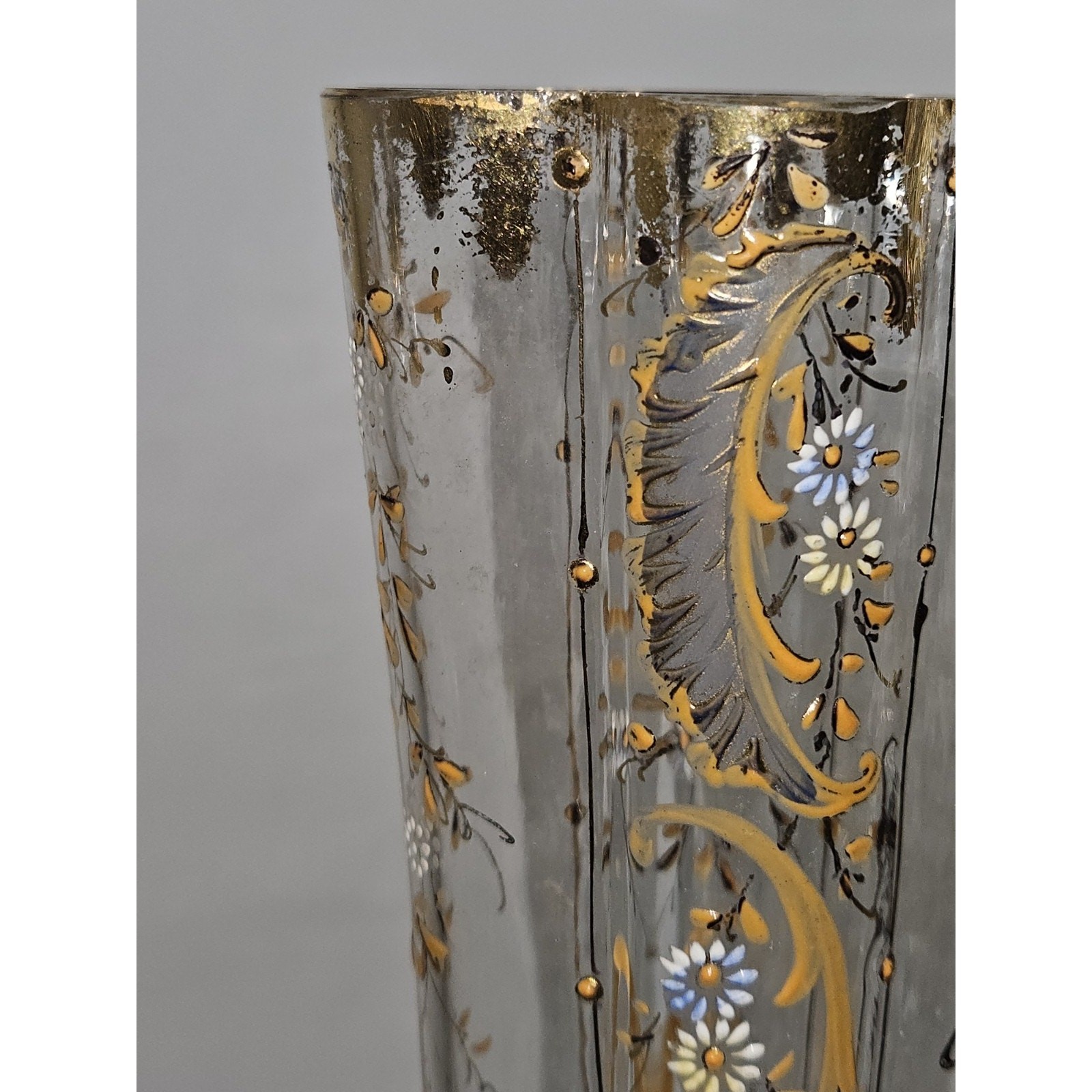 Vtg “Moser Style” Trumpet Clear Blown Glass Enameled Hand Painted Vase 10″