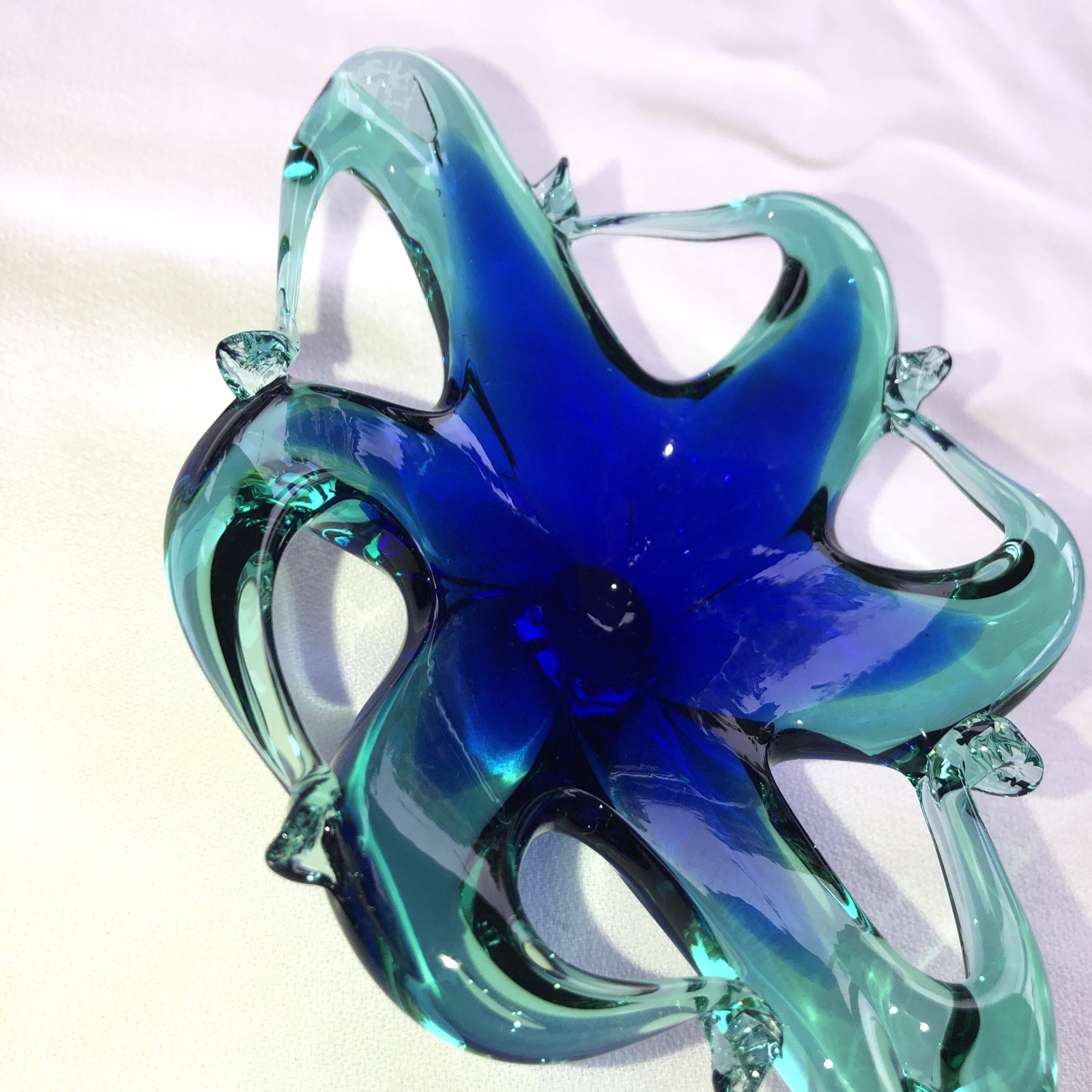 VINTAGE MURANO STYLE ART GLASS WAVE CRYSTAL DISH BLUE & GREEN 6 X 4.25 X 1.75