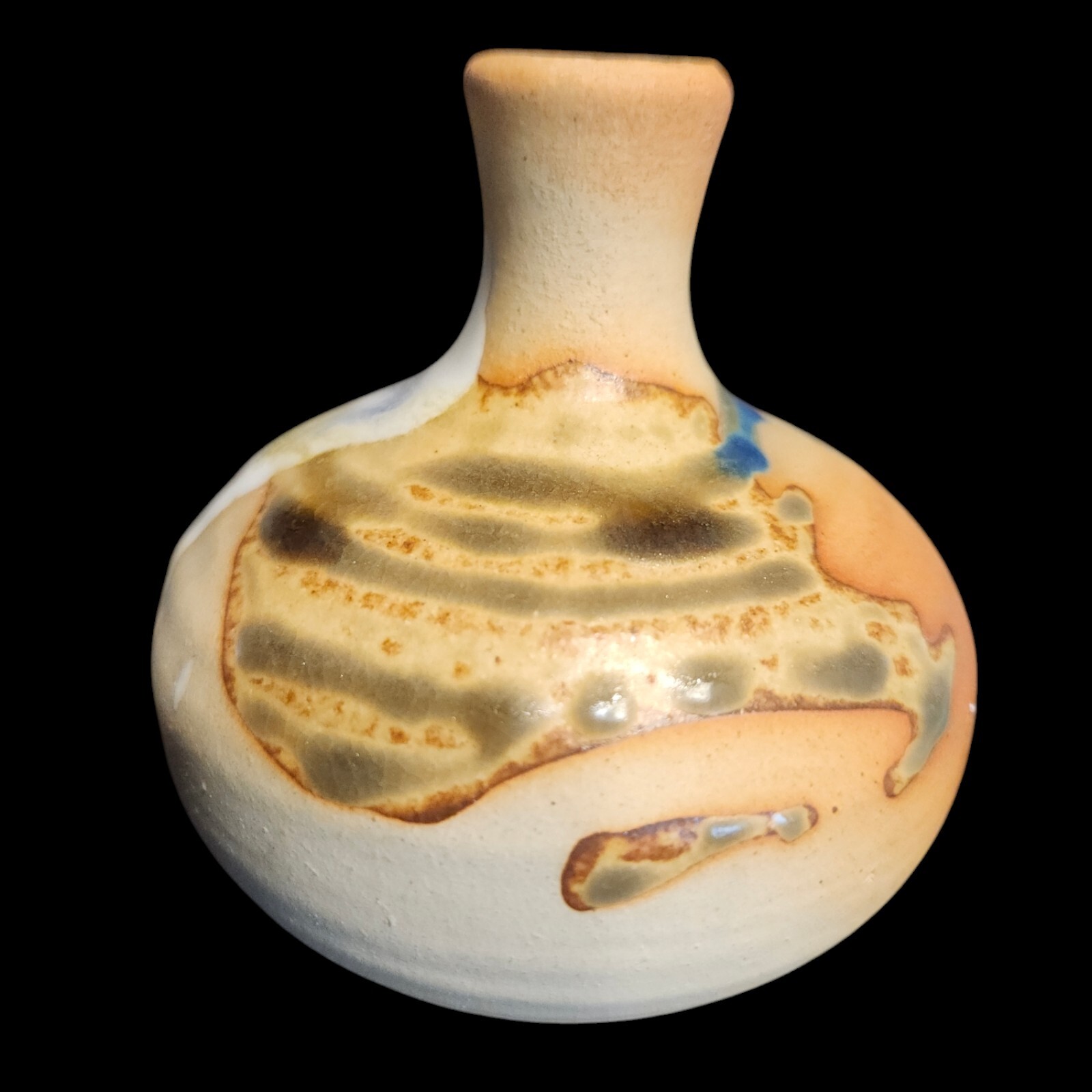 Studio Art Pottery Vase Drip Glaze 3.5″ Blue White Rust Tan Bud Rustic Vessel