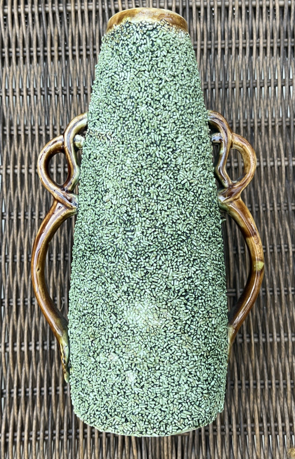 Antique Majolica Vase Sand Technique Green With Yellow Flowers made in Poland