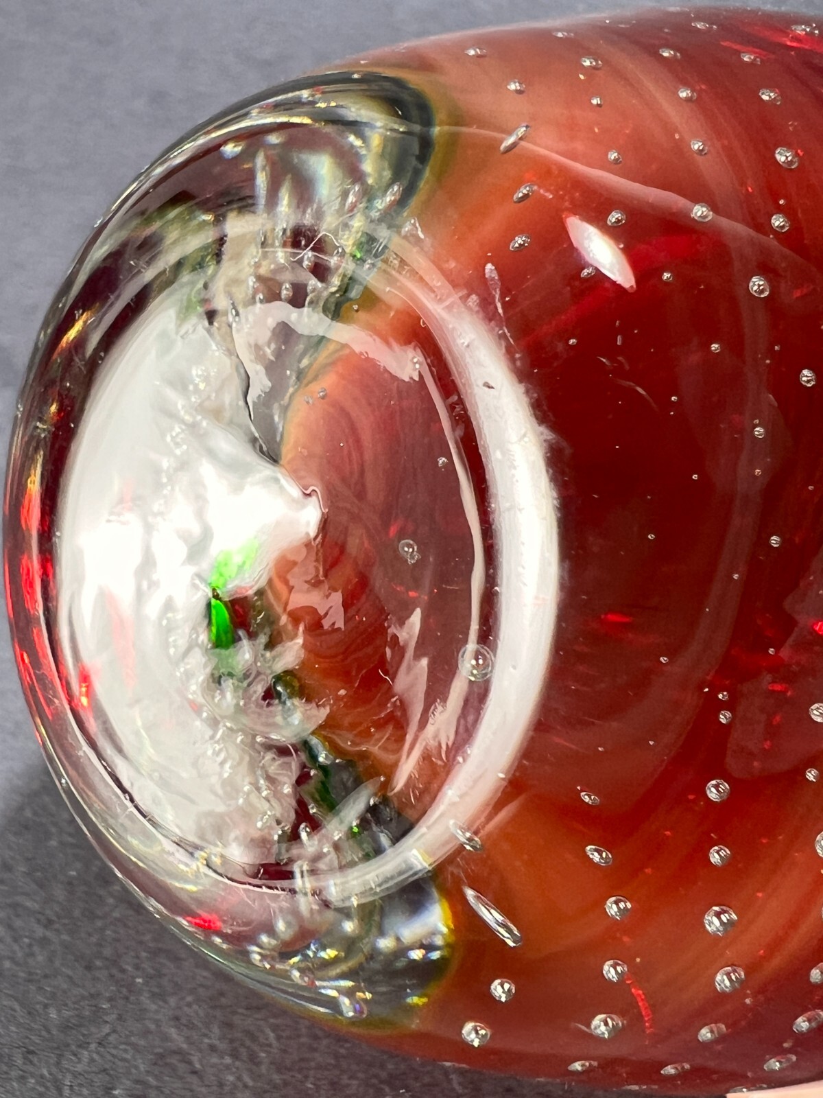 Apple Paperweight Art Hand Blown Glass Cased Clear Red Handcrafted Bubbles Glows