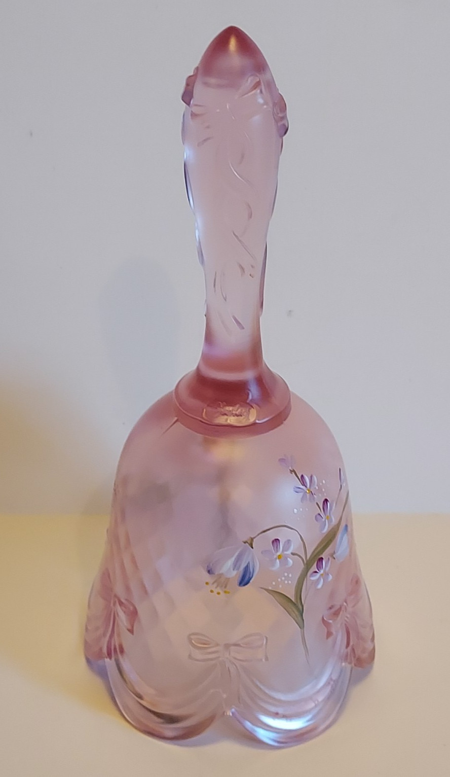 Beautiful Fenton Bell Hand Painted Floral & Signed Easter 1990 Pink Frost 6.5″