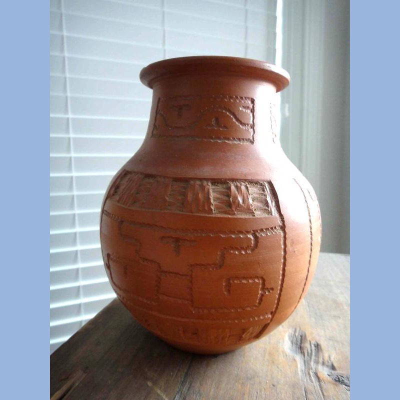 vintage MEXICO MEXICAN POTTERY VASE red LOJA RIO 6.25″ FILTROS VELAS ceramica