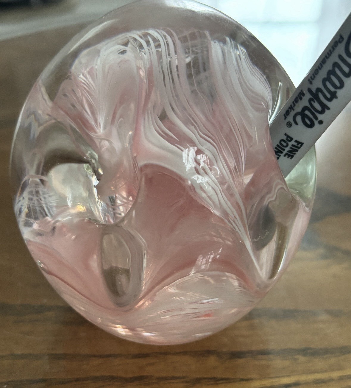 Pink and white swirl art glass paperweight
