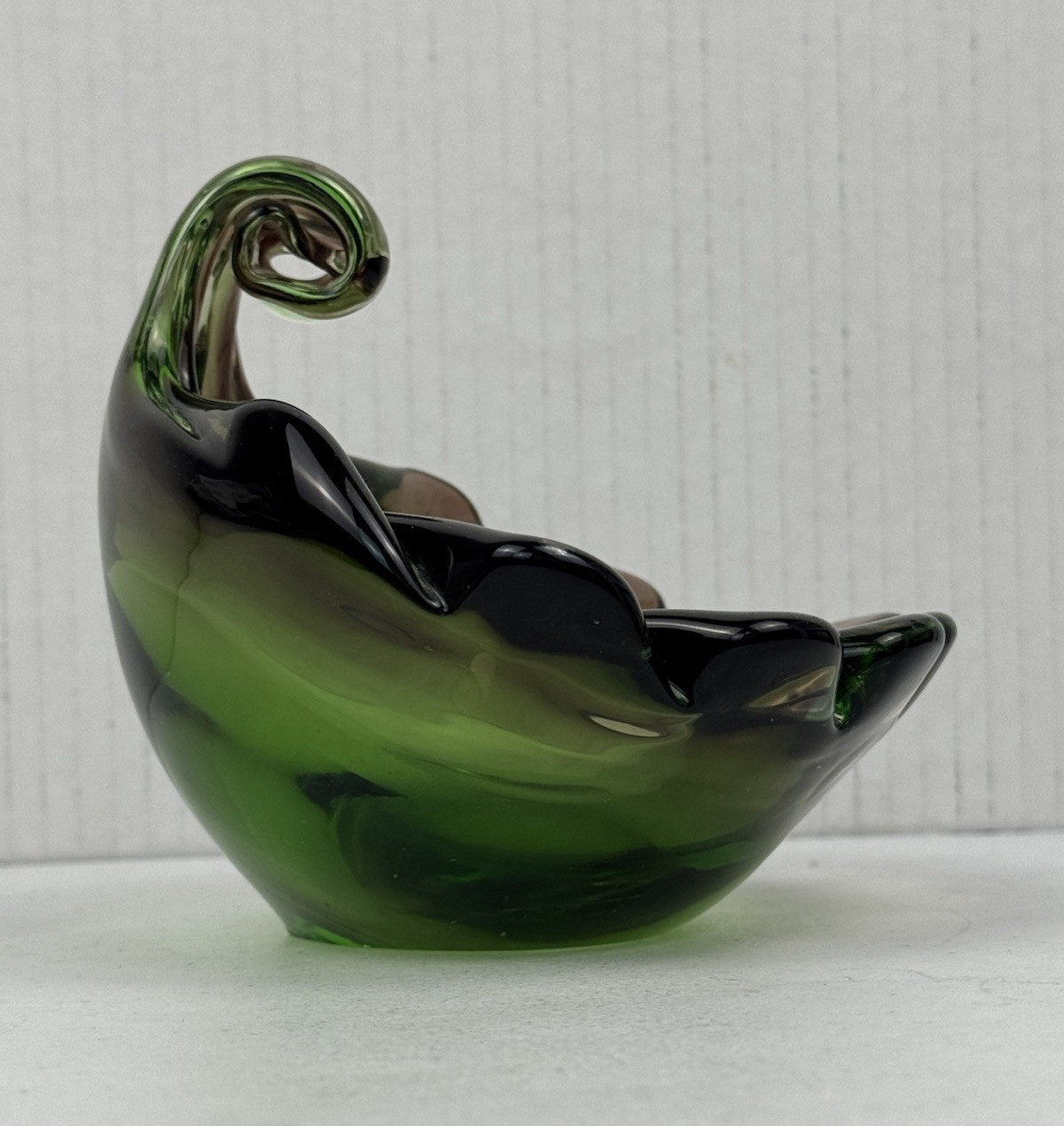 Vintage Murano Art Glass Green Amber Heavy Clamshell Ashtray