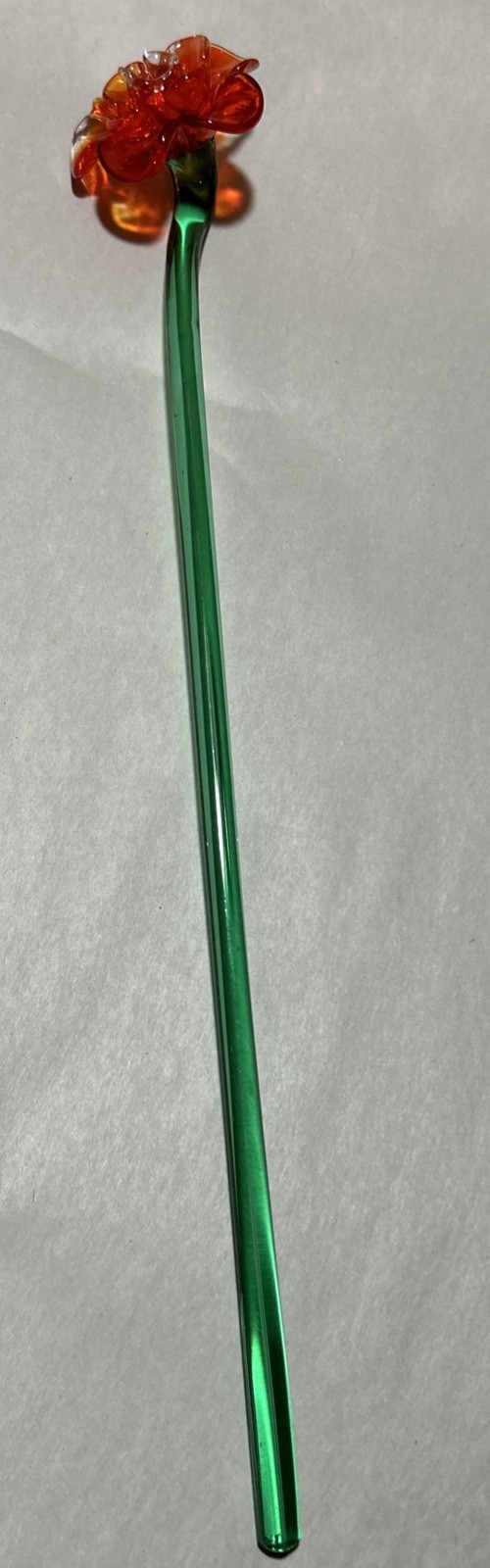 Vtg Hand Blown Orange Glass Flower w/ Green Stem Decorative Collectible 15 1/2″