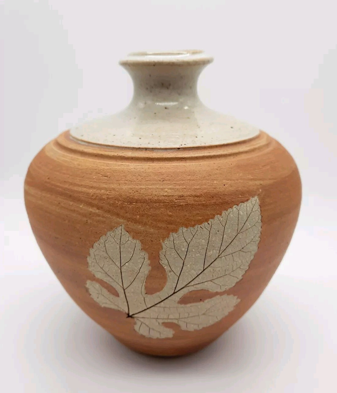 Signed V w/S Inside 6″ Pottery Vase Earth Tones with Mulberry Leaf Impressions