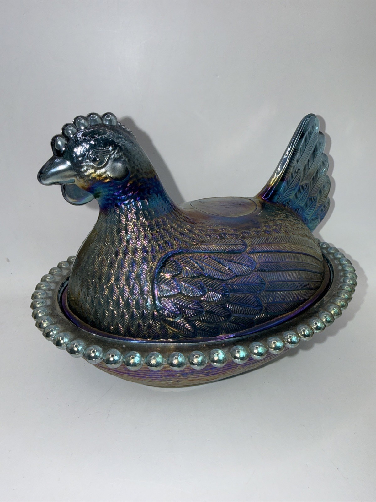 VTG RARE Indiana Glass Hen Bicentennial Blue 7″ Nest Covered Dish Carnival Glass