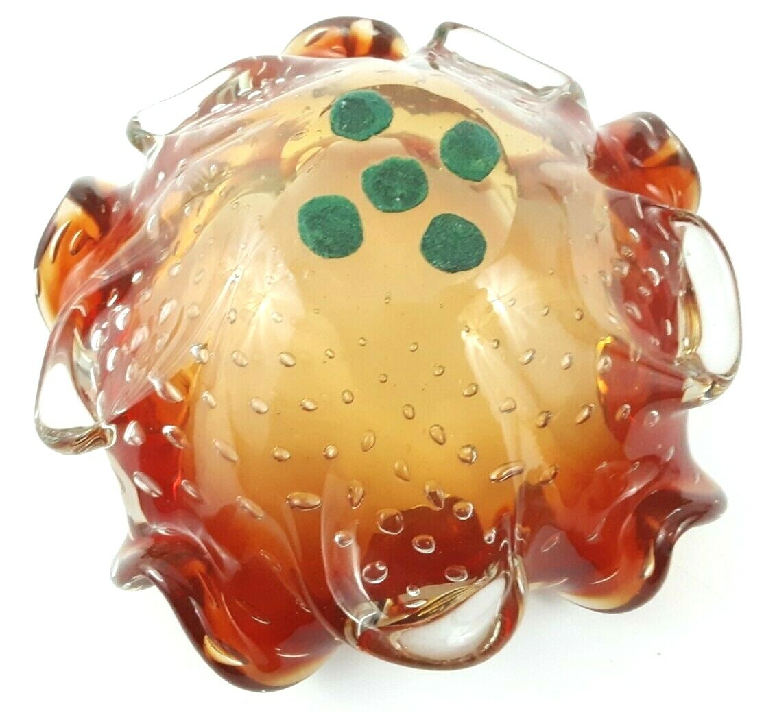 Murano Art Glass Bullicante Red to Clear 6.5 in Ashtray Dish Vintage Mid Century