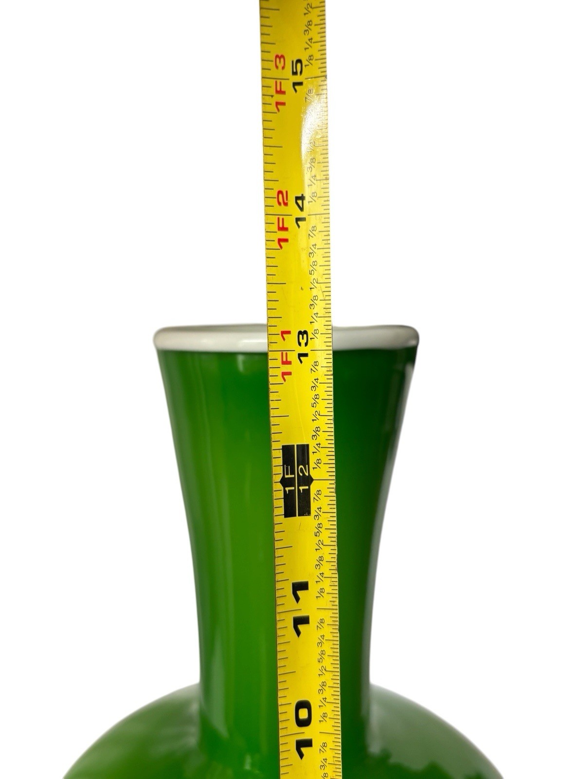 Vintage Holmegaard Style Cased Glass Hooped Lime Green & White UFO Vase 13.25″