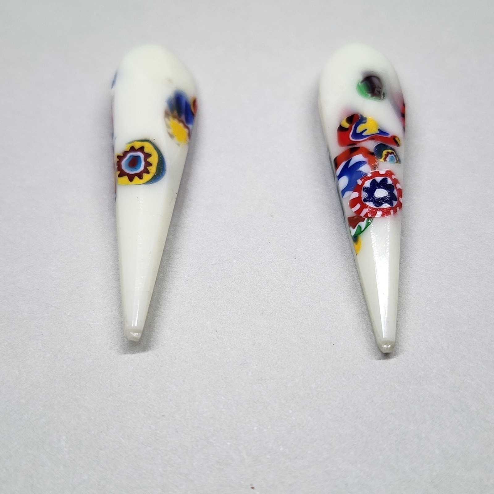 Vintage Czech Art Glass Teardrop Millefiori Faceted Bead Pair