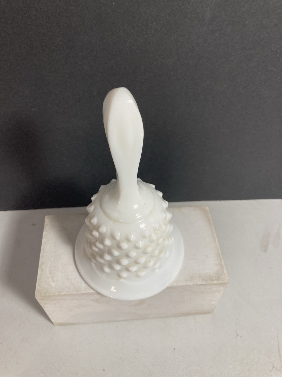 FENTON HOBNAIL MILK GLASS BEADED EDGE HANDLE BELL WITH ORIGINAL METAL RINGER