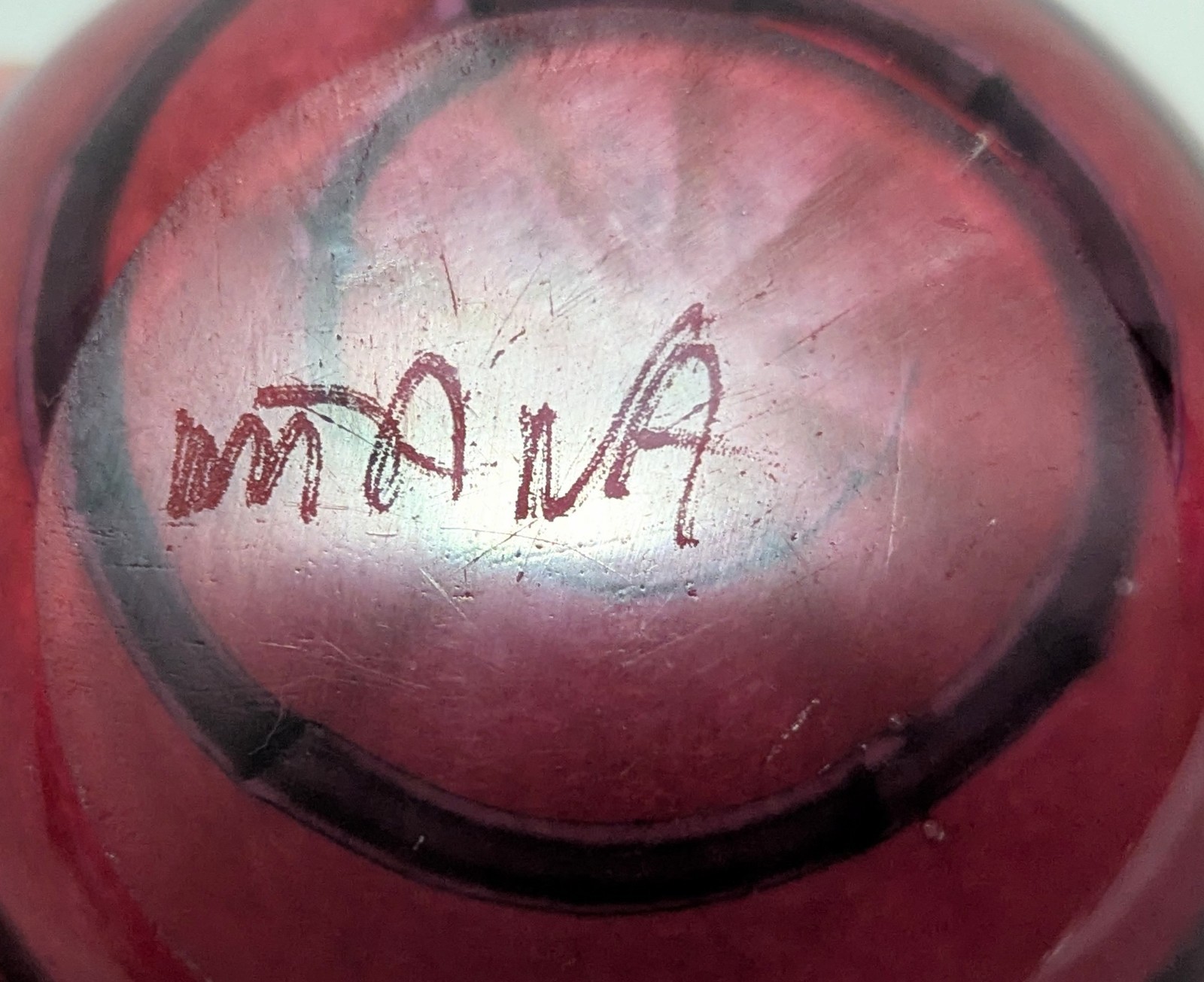 Artisan signed w/ sticker ‘Glass Blower’s Malta’ Burgandy w/ Black swirls vase