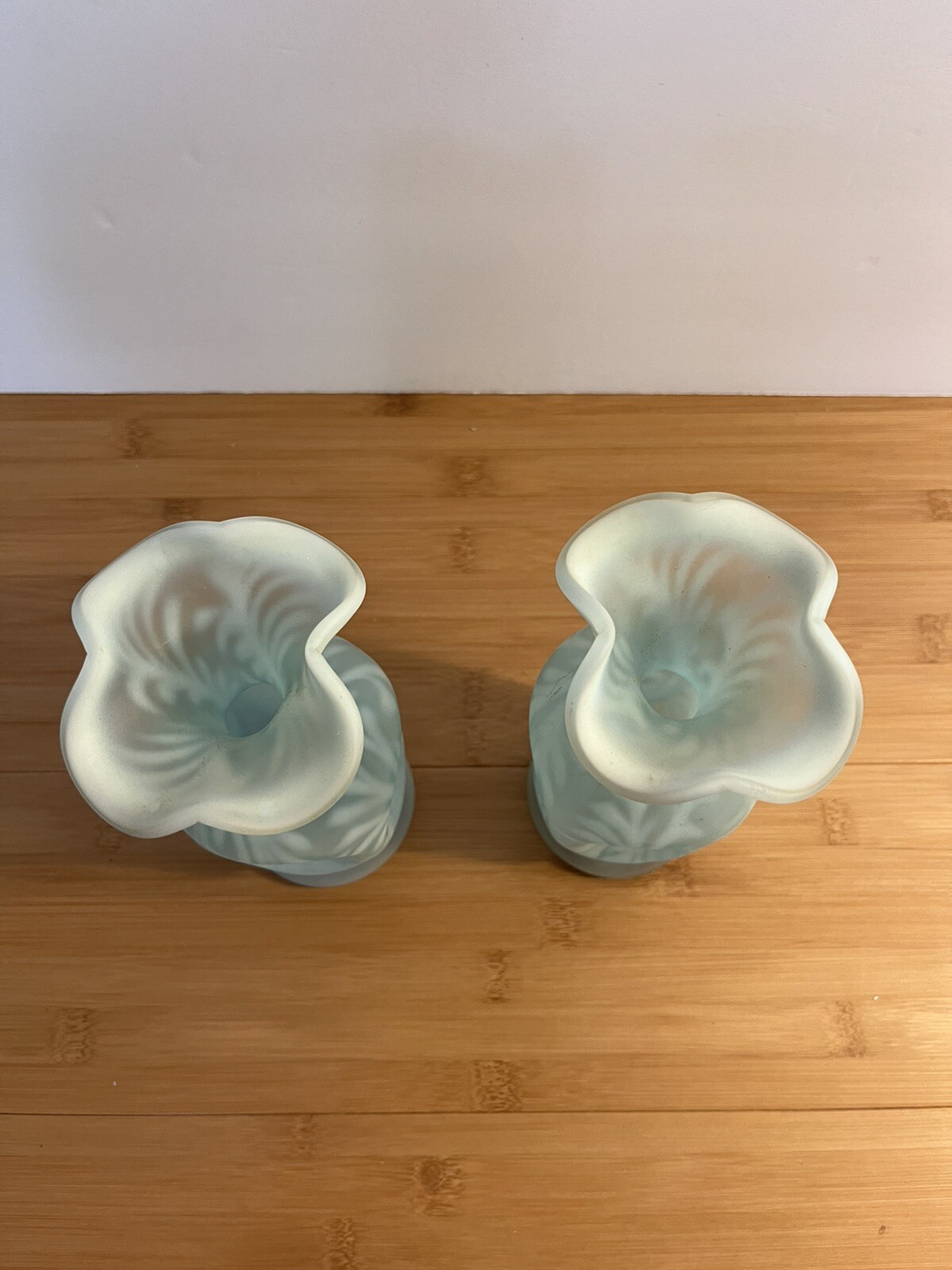 Vintage Fenton Satin Blue Opalescent Glass Pinch Vase w/ Fern Design Set Of 2