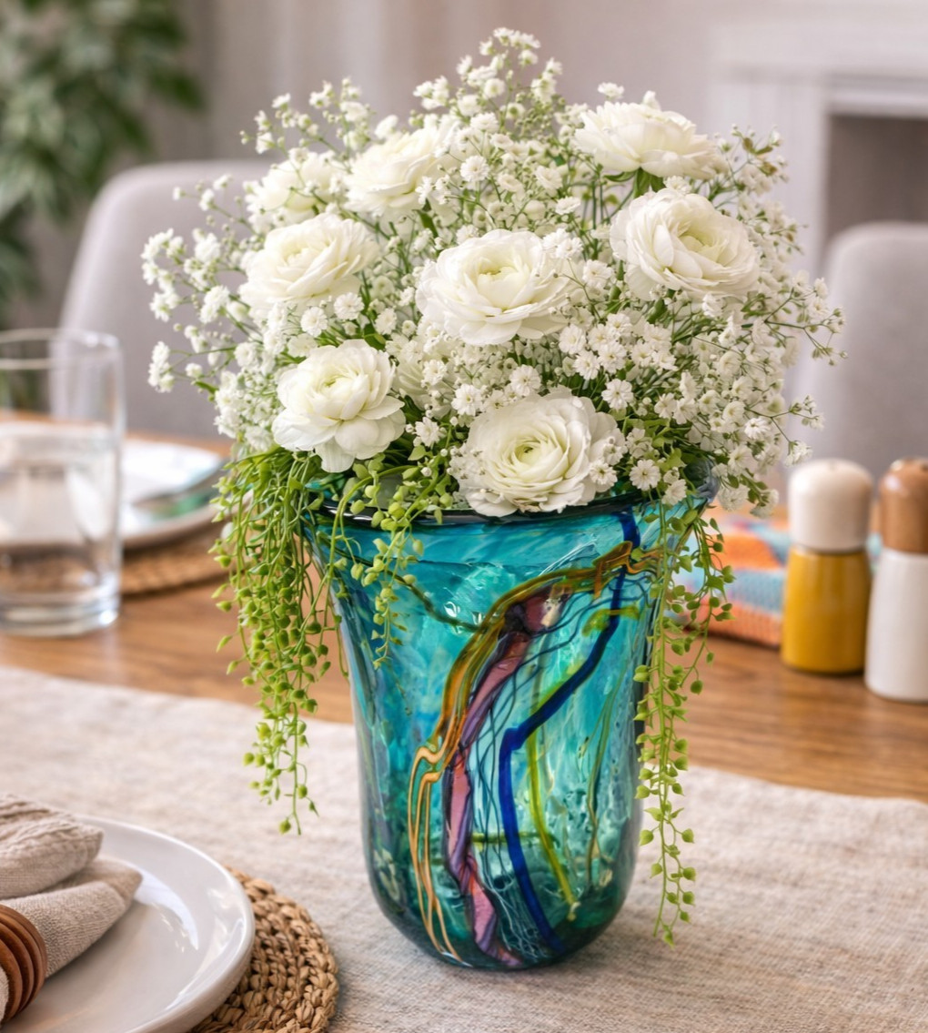 Hand Blown Studio Art Glass Vase Aqua Blue Abstract Seascape Polished Pontil 5″