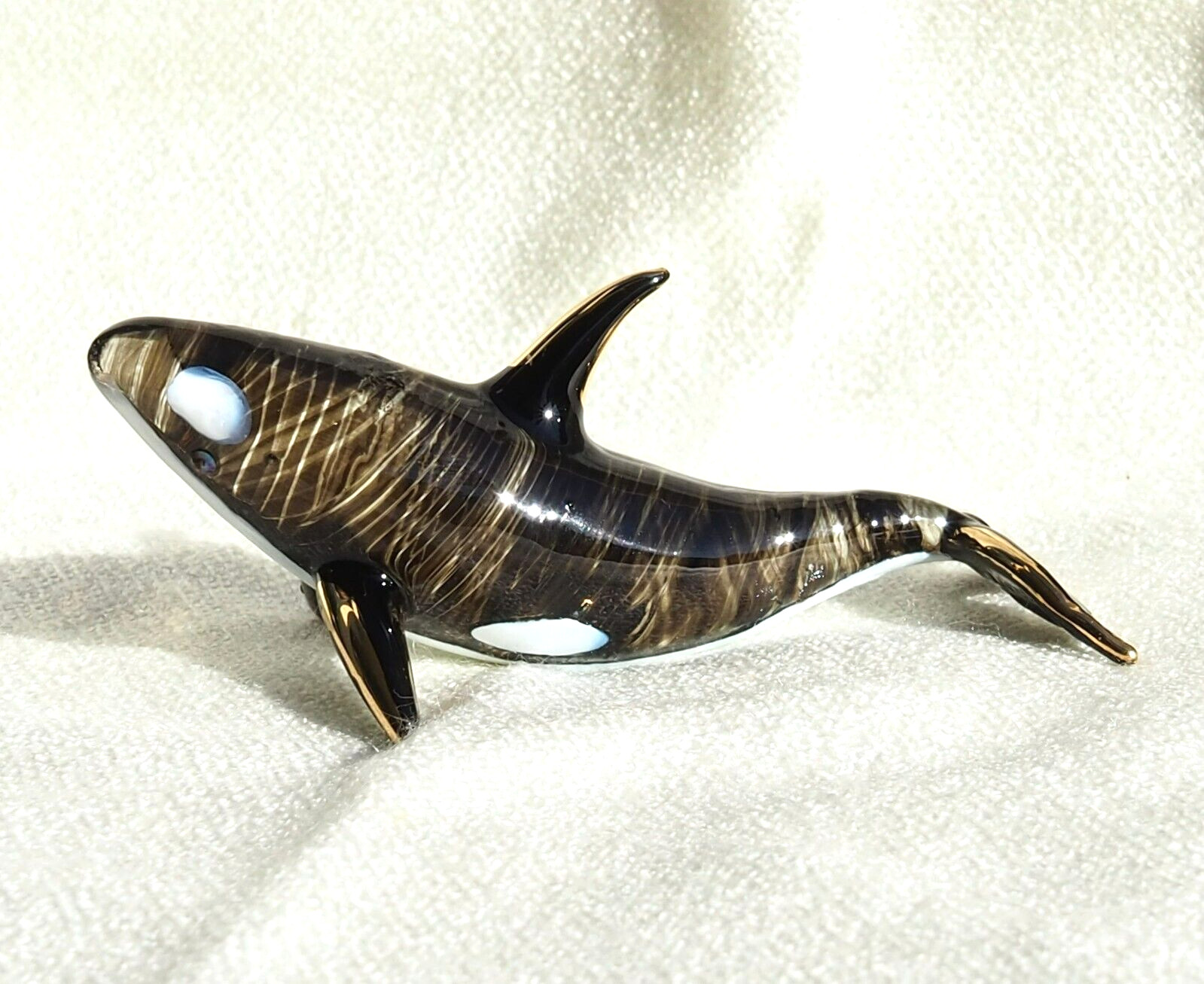 black ORCA Killer whale figurine handmade blown glass gold trim 3.25″ decor Gift
