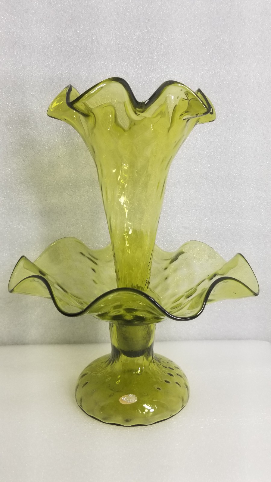Italian Empoli Glass Ruffled Epergne * Single Horn * Colonial Green * 11″ * 0754