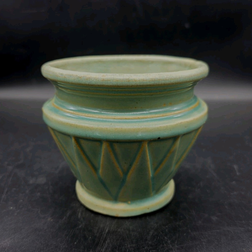 1920s McCoy Pottery Aqua Turquoise Sunburst Deco Cache Pot Jardiniere 4¼”