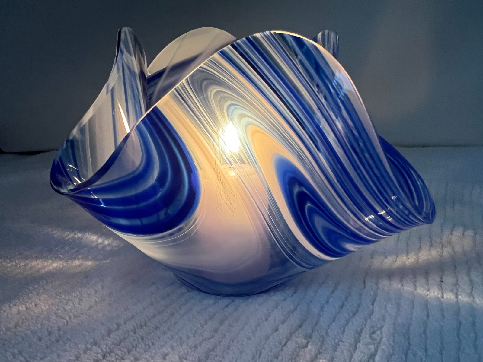 Votive Candle Holder – Blue Studio Art Glass Handkerchief Iridescent Tealight