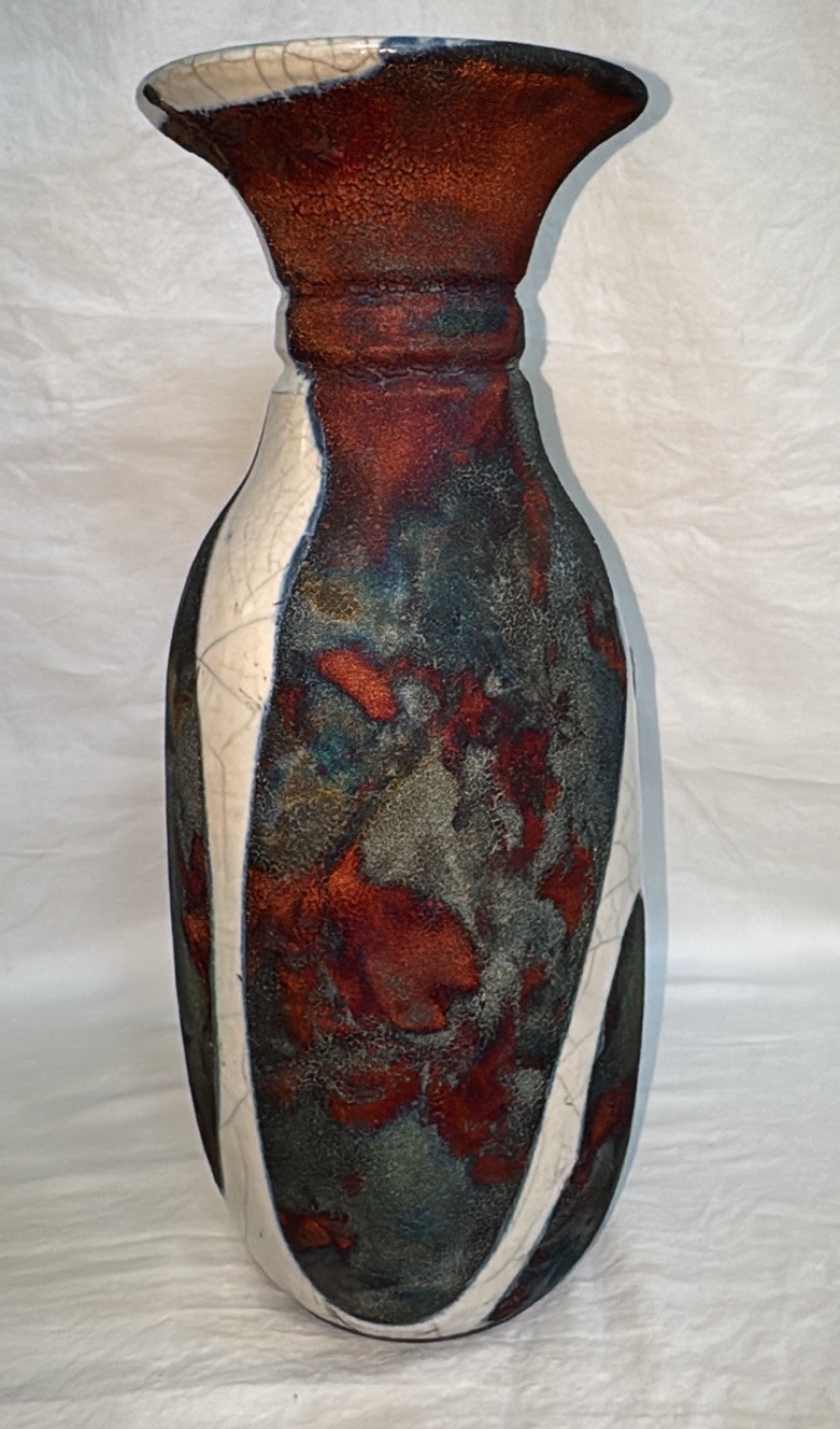 Vtg Scott Wilson 2004 Vibrant Peacock Colors RAKU 13.5” Vase Signed by Artist