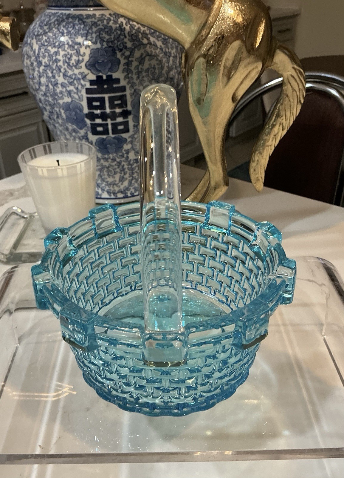 Westmoreland Basket Vintage Sapphire Blue Glass Handled ~7″ x 6″ x 6″ PRISTINE