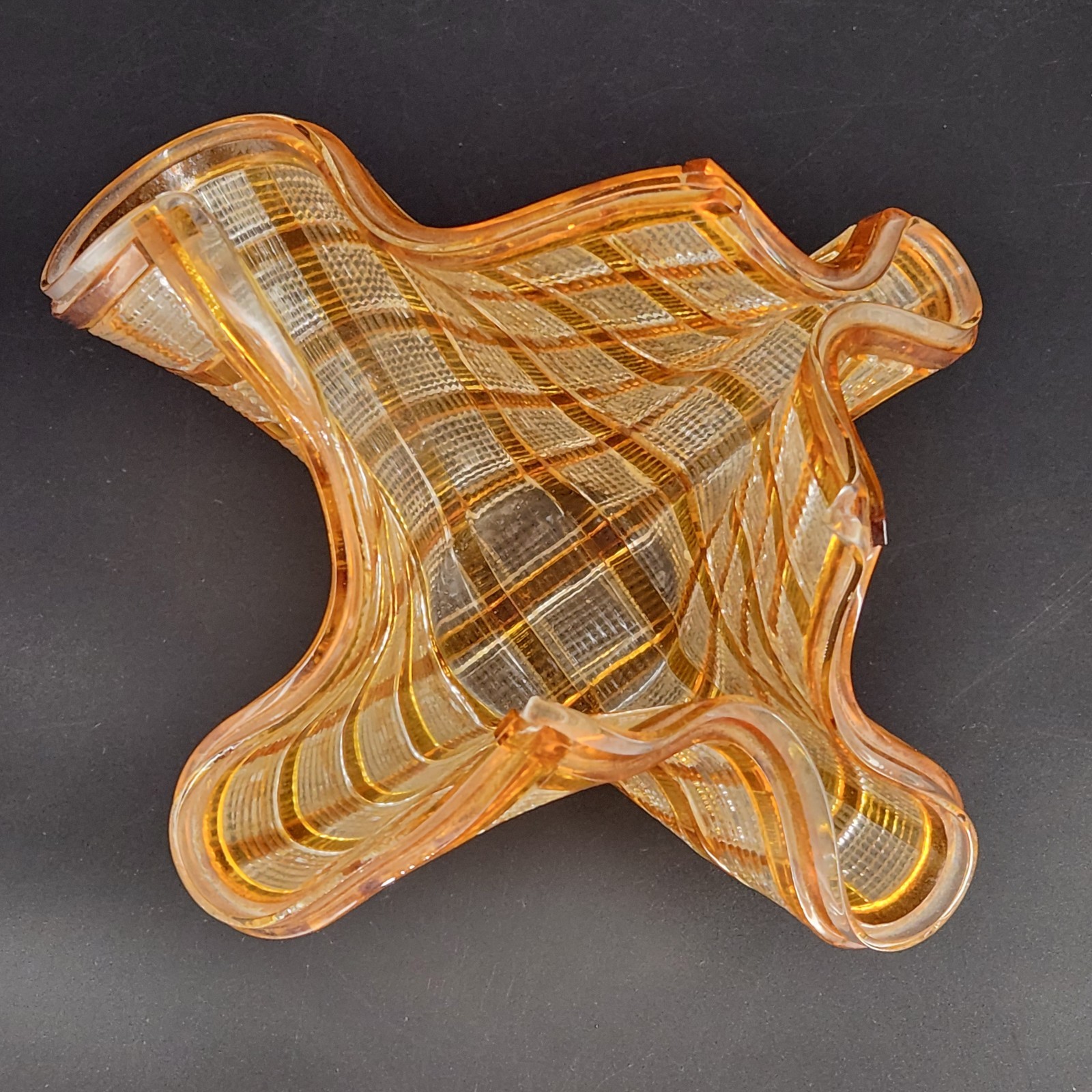Signed Fused Art Glass Vase Sculpture Orange Clear Textured Checkerboard 2014