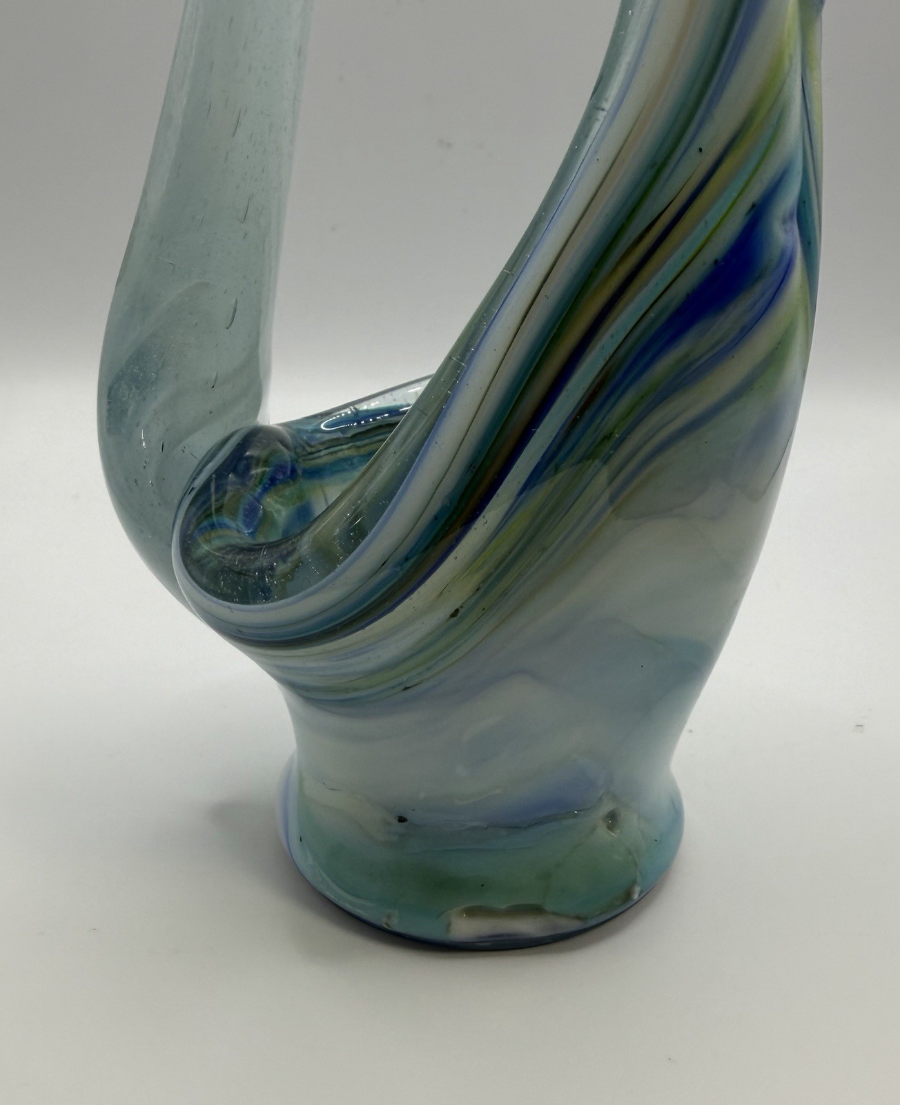 Vintage Hand Blown Art Glass Swan Vase Murano Style Blue Green Slag Swirl 10.5”