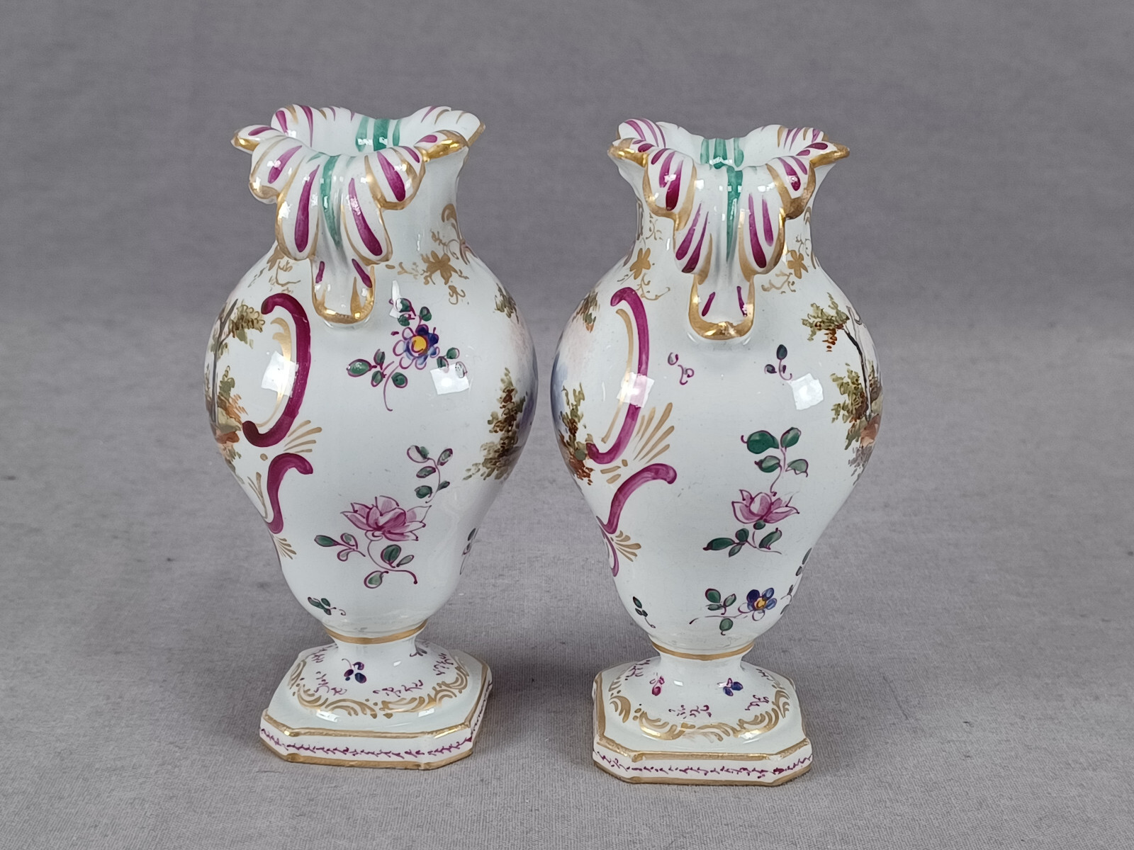 Pair of Late 19th Century French Hochst Style Hand Painted Watteau Faience Vases