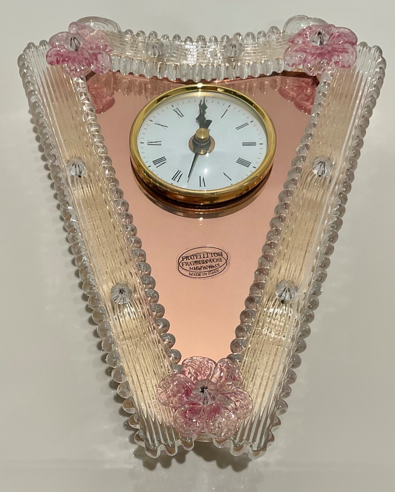 Flli Tosi Murano Glass Wall Clock Pink Millefiori Flowers Gold Bezel NOS Signed