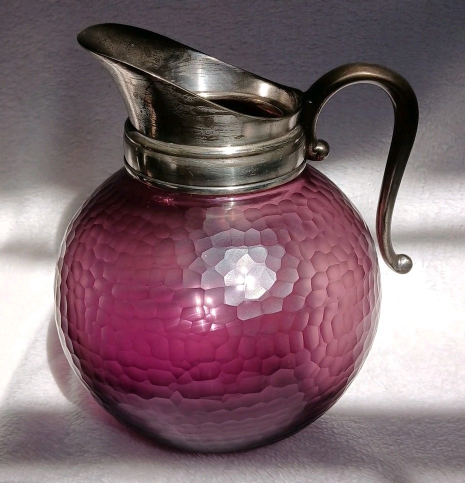 Murano Venini Battuto Amethyst Glass Honeycomb Pitcher w/ Silverplate Mount