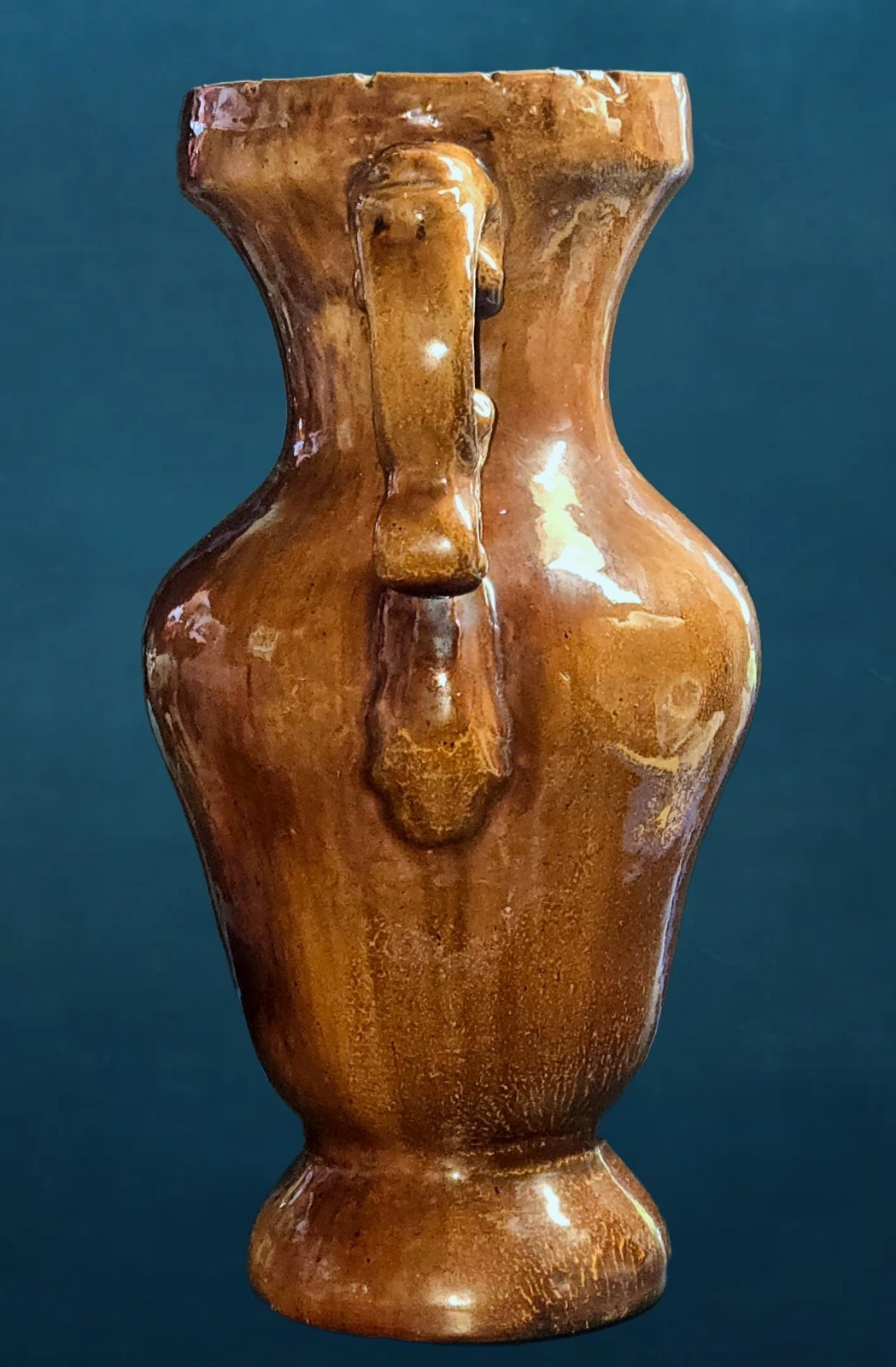 Mid-20th-Century Double Handle Earthenware Urn Vase Unmarked Brown Treacle Glaze