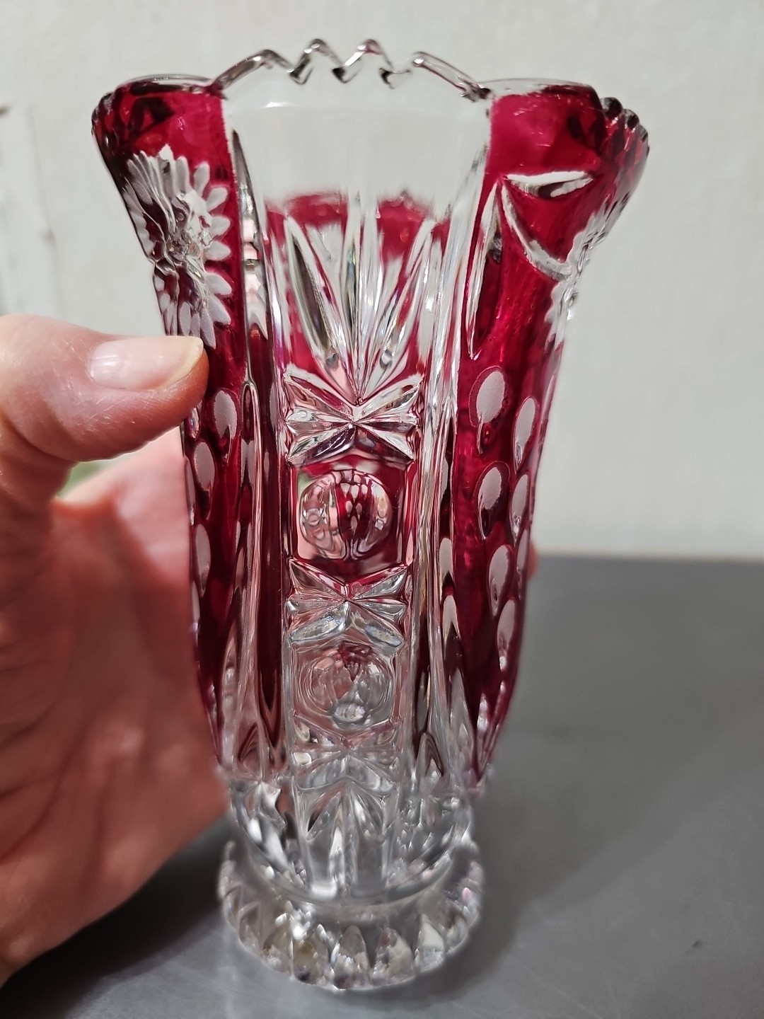 Vintage German Ruby Red Lead Crystal Anna Hutte Bleikristall 6″ Vase….