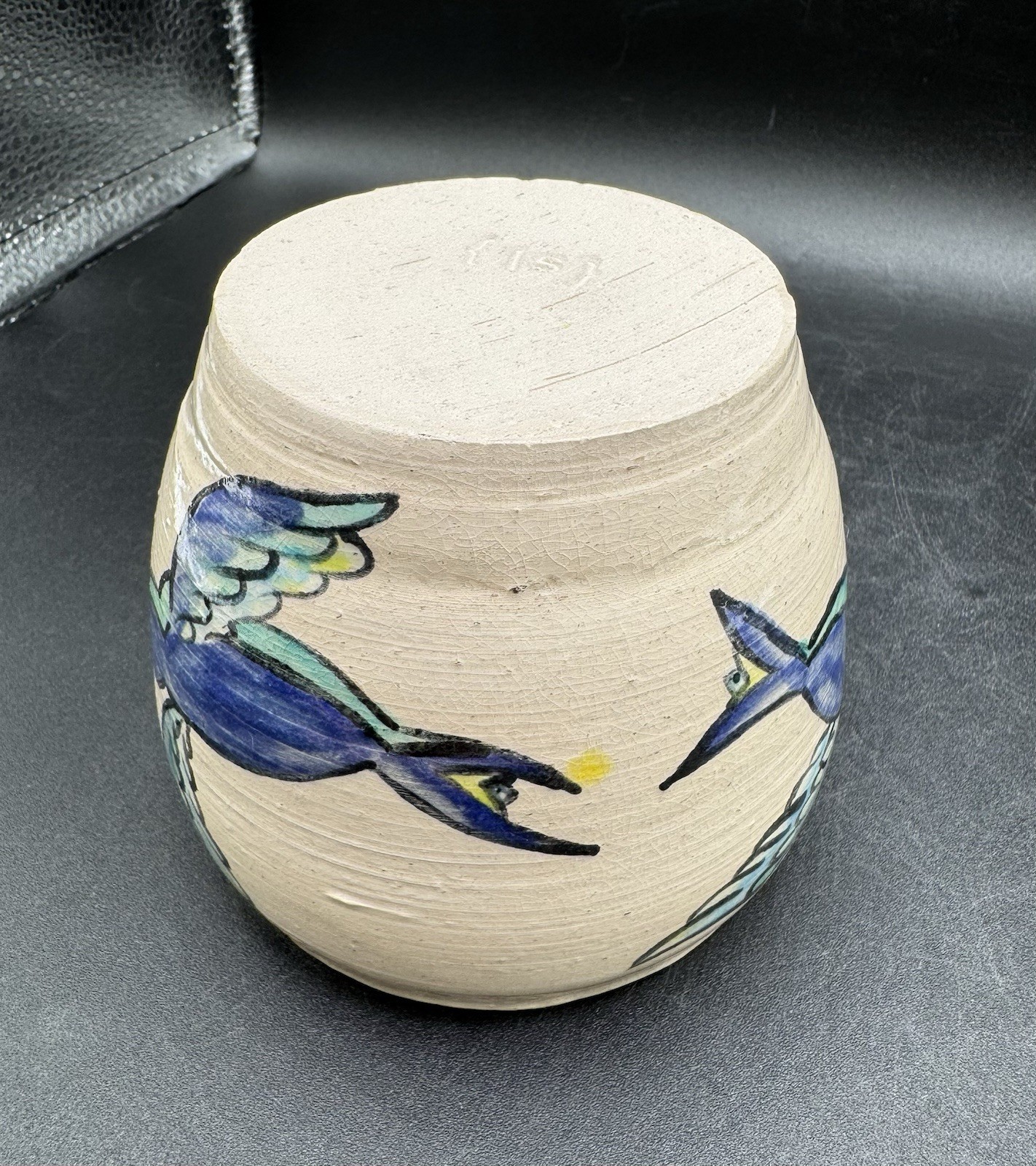 Art Pottery Hand painted Blue Birds Planter Pot Coral Floral Signed {Is} 4” W