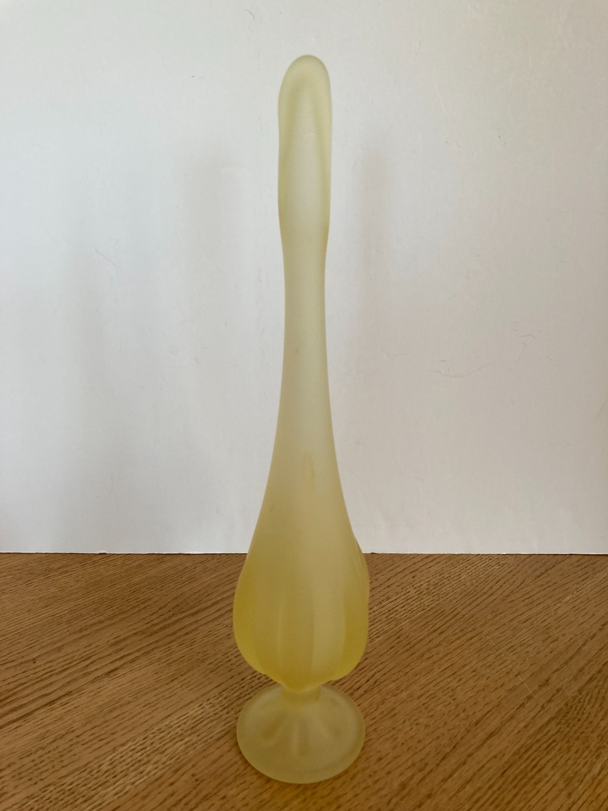 Vintage Viking Glass Yellow Satin Frost 6 Petal 12″ Footed Swung Vase w/ Label