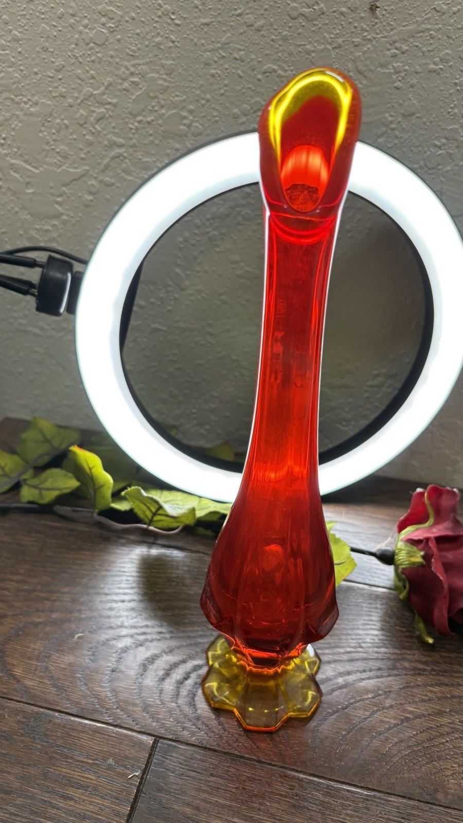 Fenton Valencia Swung Glass 6 Petal Base 11.5” Vase Amberina Persimmon Orange