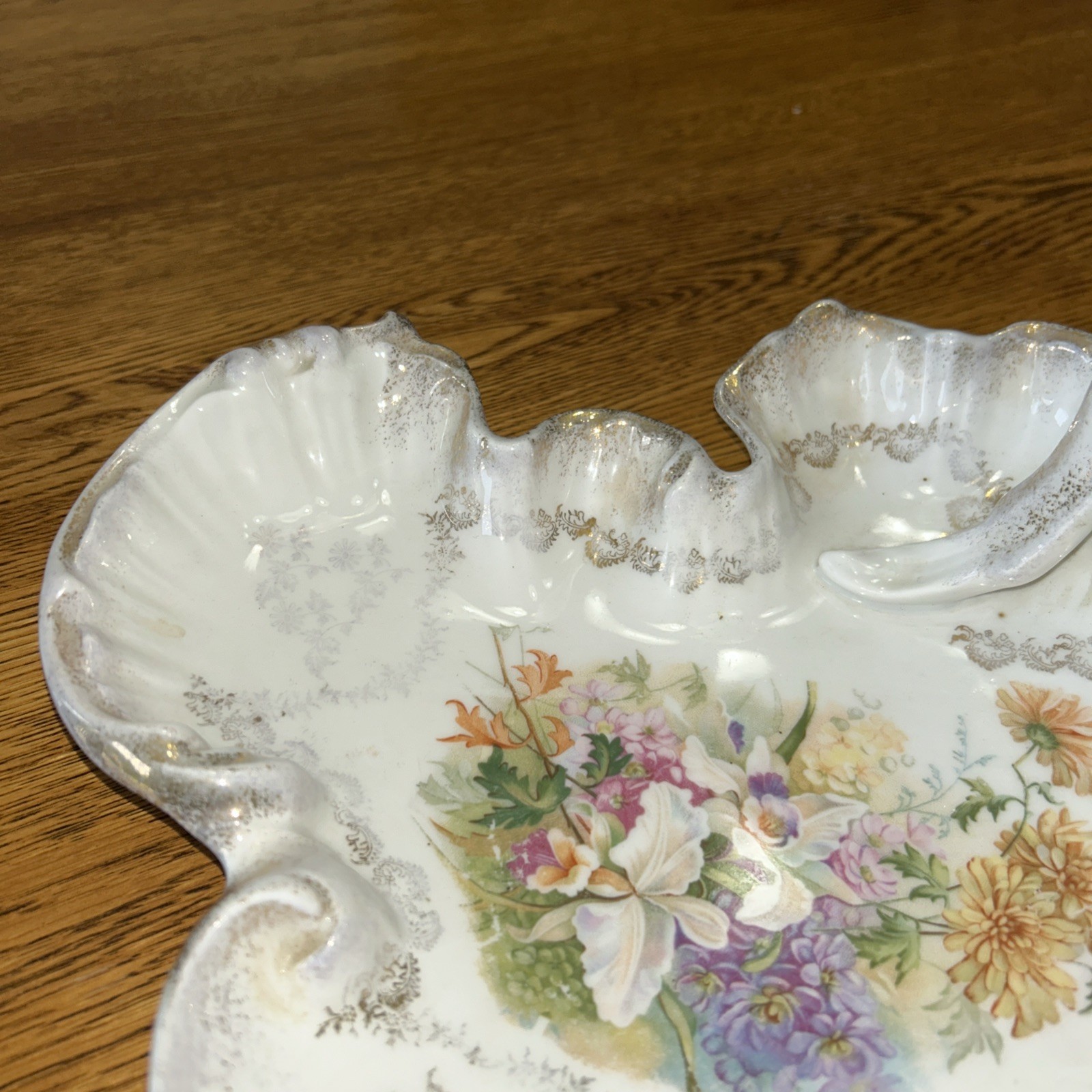 Antique Carl Tielsh CT Germany scalloped porcelain bowl 11×9” Floral Gold Handle