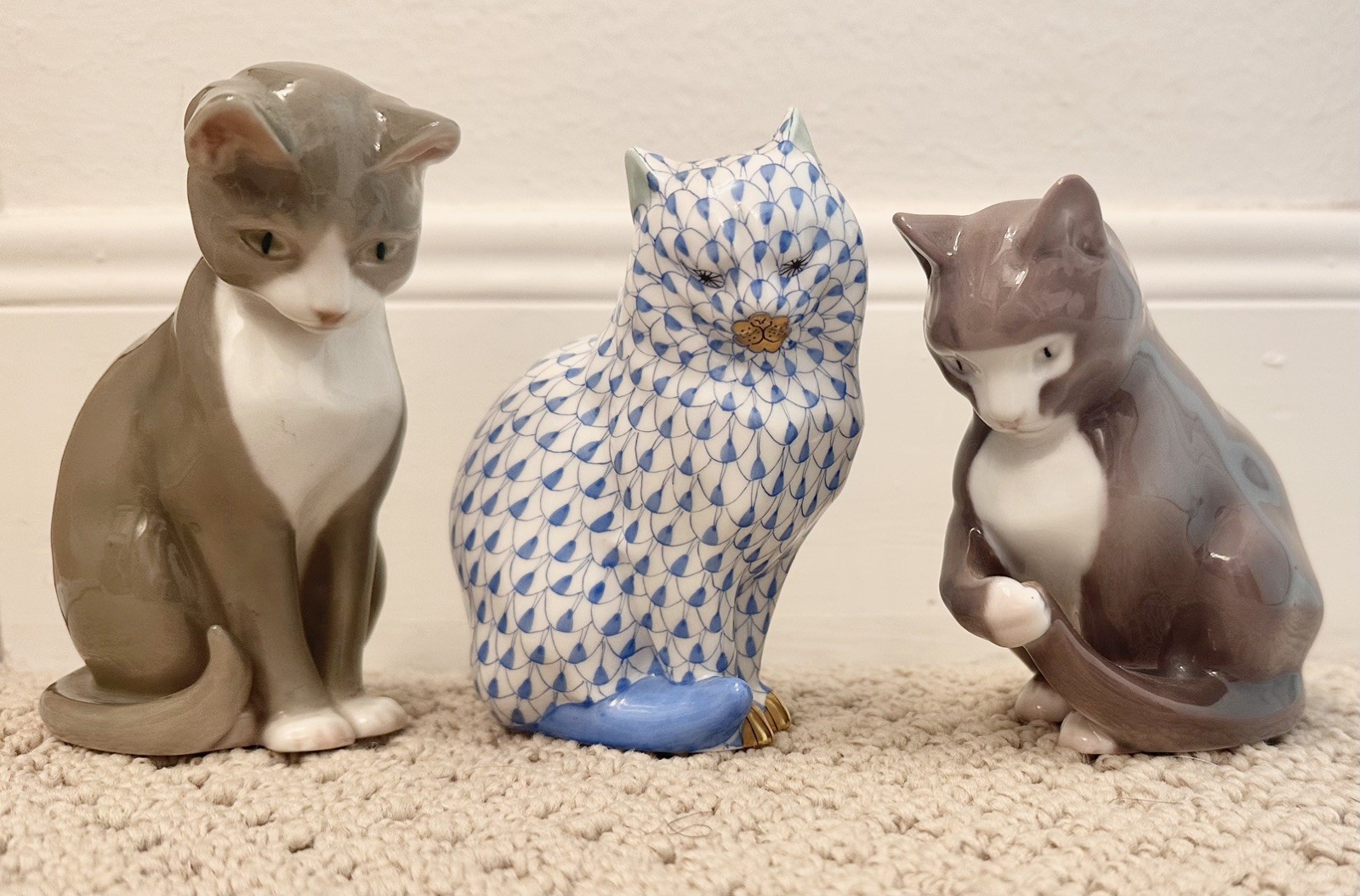 Lot of 3 porcelain cat figurines- Herend & Bing & Grøndahl blue & white antique