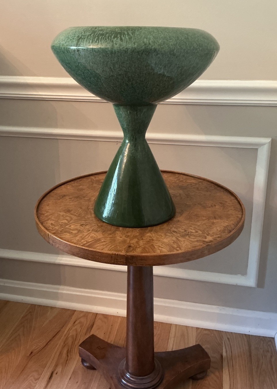 MCM Haeger USA Pottery Large Pedestal Planter Bowl Vase Green Drip Glaze 15”