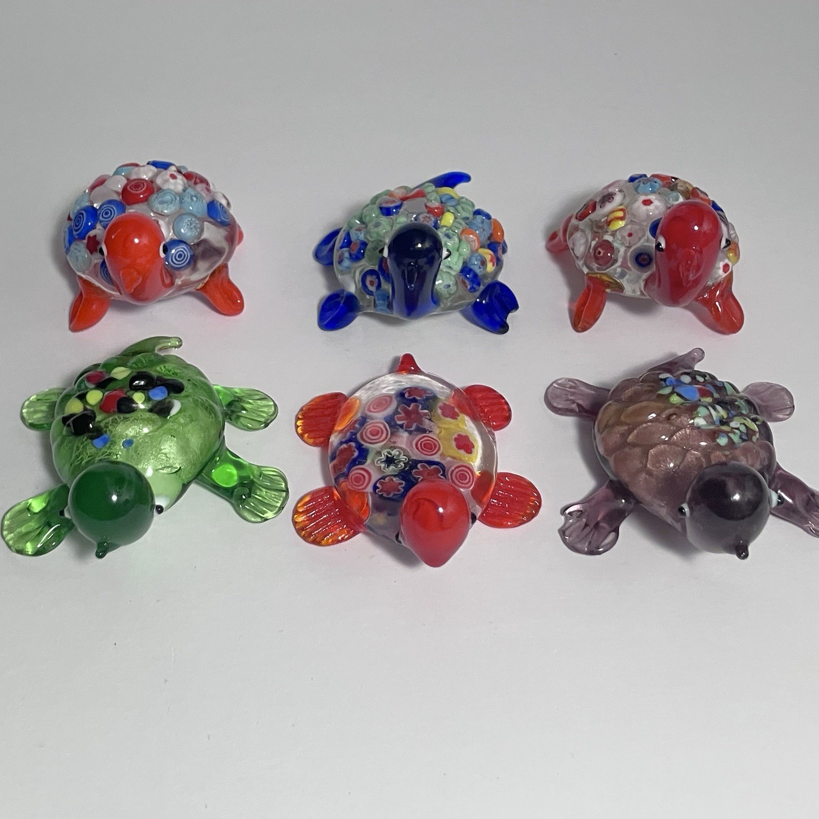 6 MURANO-STYLE Handblown GLASS TURTLES With MILLEFIORI CANE Decoration, One Chip