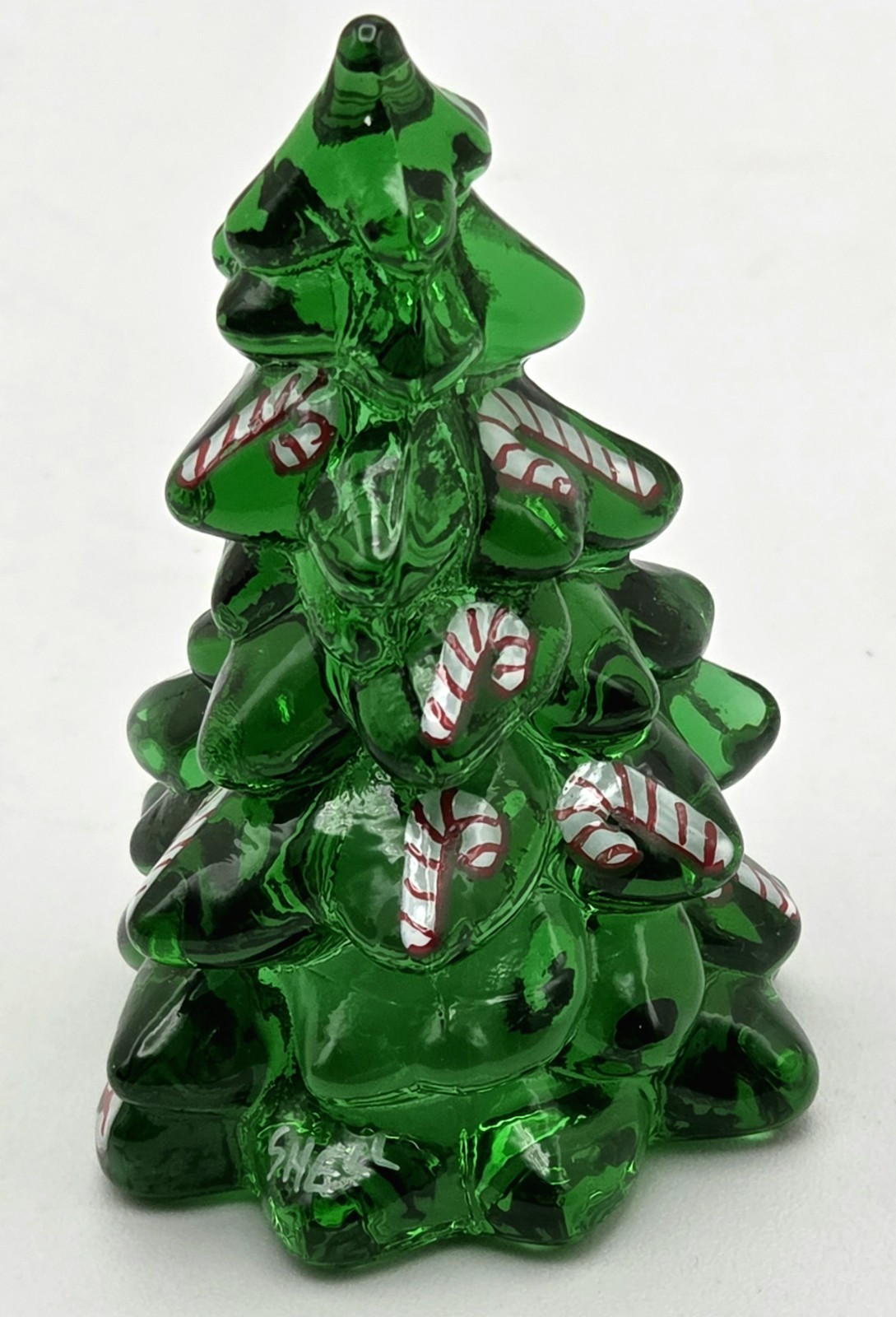 Mosser Glass Emerald Green Tree 2″ Hand Blown & Painted Candy Canes Red/White